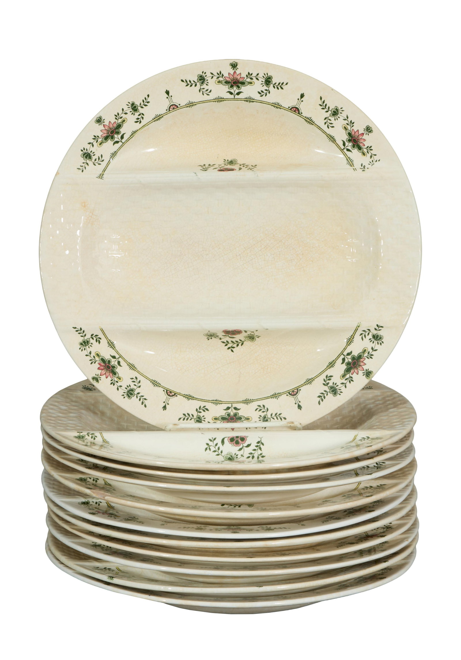 Set of Eleven English Minton Divided Asparagus Plates, 20th c., H.- 1 1/4 in., Dia.- 10 1/4 in. (11: Set of Eleven English Minton Divided Asparagus Plates, 20th c., in the Venetia pattern, H.- 1 1/4 in., Dia.- 10 1/4 in. (11 Pcs.)