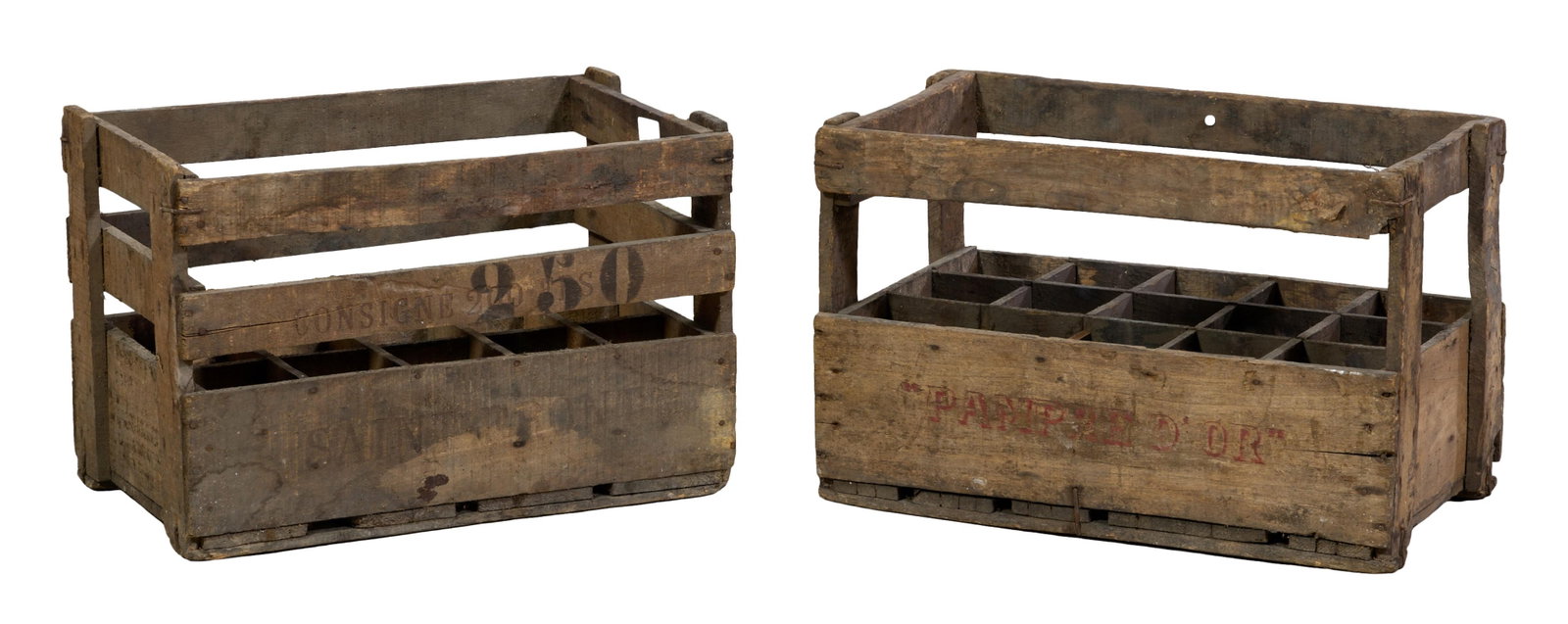 Two French Wooden Bottle Transport Crates, early 20th c., Each- H.- 15 in., W.- 23 1/2 in., D.- 14 (1 of 3)