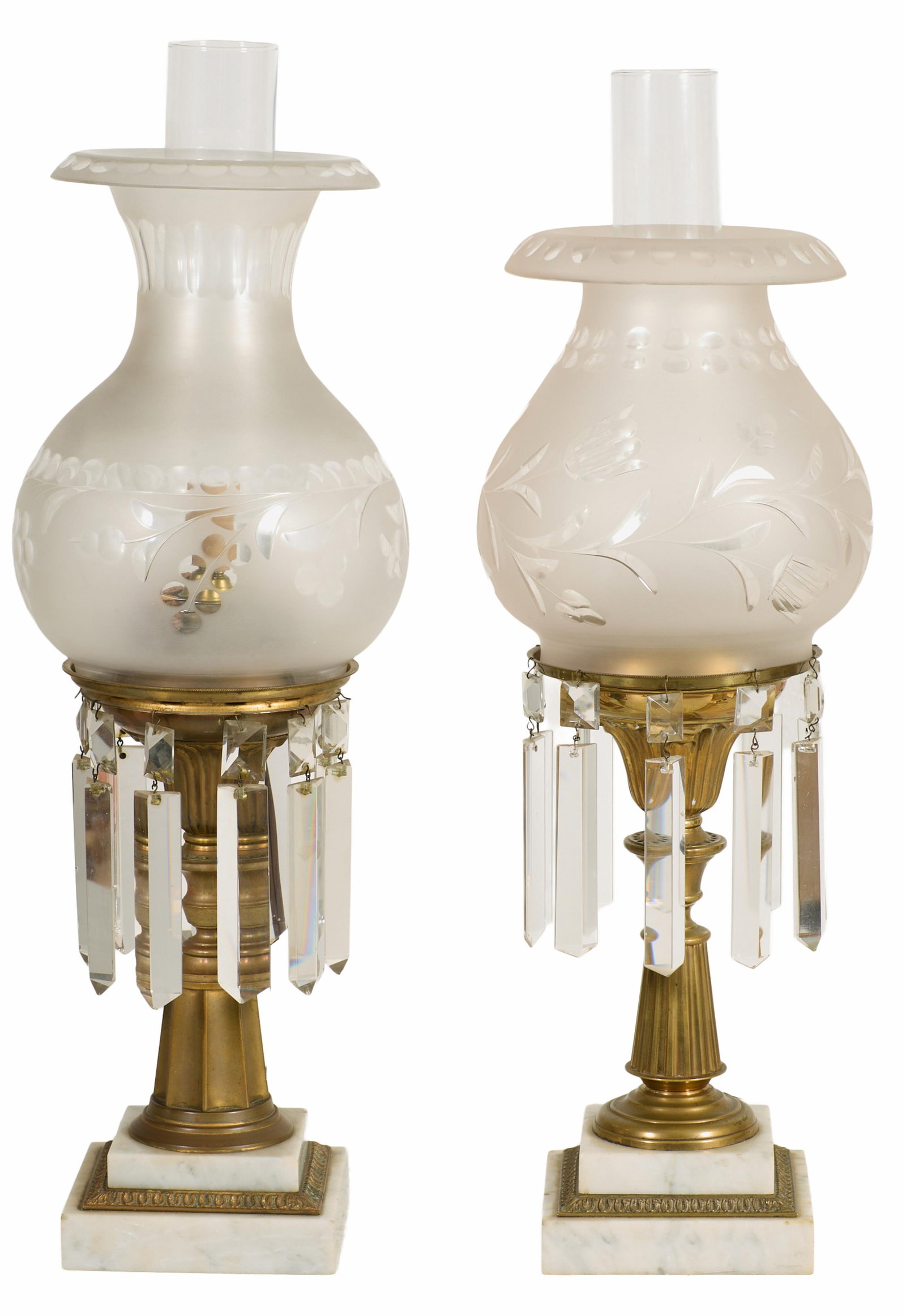 Near Pair of Bronze and Marble Astral Lamps, 19th c., Taller- H.- 20 1/2 in., W.- 7 1/4 in., D.- 7 (1 of 4)