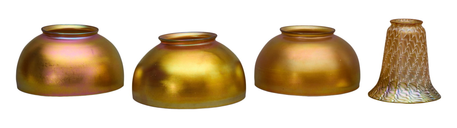 Four Amber Art Glass Shades, early 20th c., Trumpet- H.- 5 1/2 in., Dia.- 4 7/8 in.; Three- H.- 4 (1 of 2)