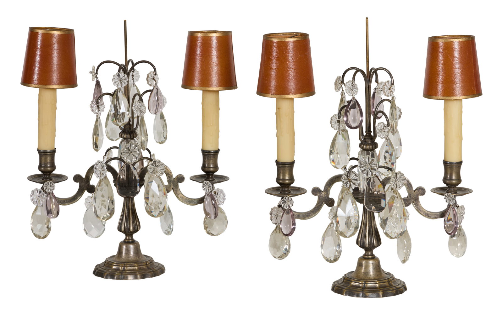 Pair of French Louis XVI Style Crystal Girandoles, mid 20th c., Each- H.- 17 in., W.- 12 1/2 in.,: Pair of French Louis XVI Style Crystal Girandoles, mid 20th c., the finialed standard hung with crystals, two scrolled arms with bobeche, stepped base, Each- H.- 17 in., W.- 12 1/2 in., D.- 7 in. (2 P