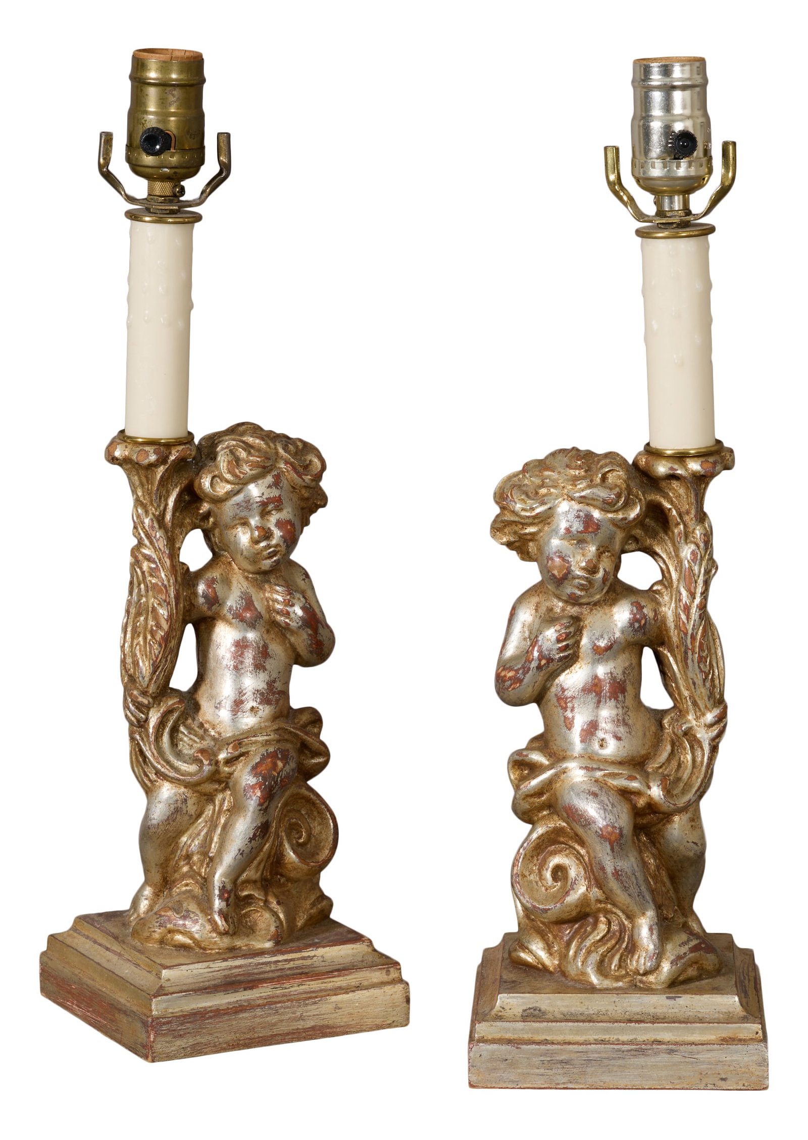 Pair of Silver Gilt Earthenware Putti Lamps, 20th c., Each- H.- 17 in., W.- 5 in., D.- 5 in. (2 (1 of 4)