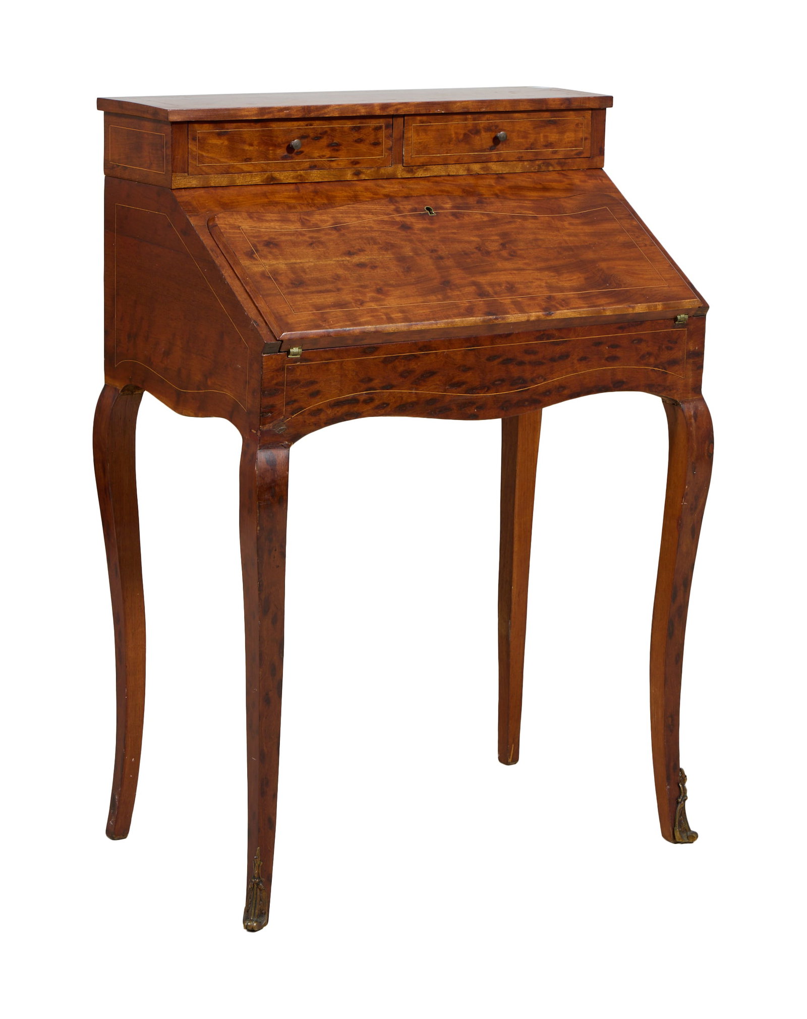 French Louis XV Style String Inlaid Walnut Fall Front Secretary, early 20th c., H.- 38 1/4 in., W.- (1 of 2)