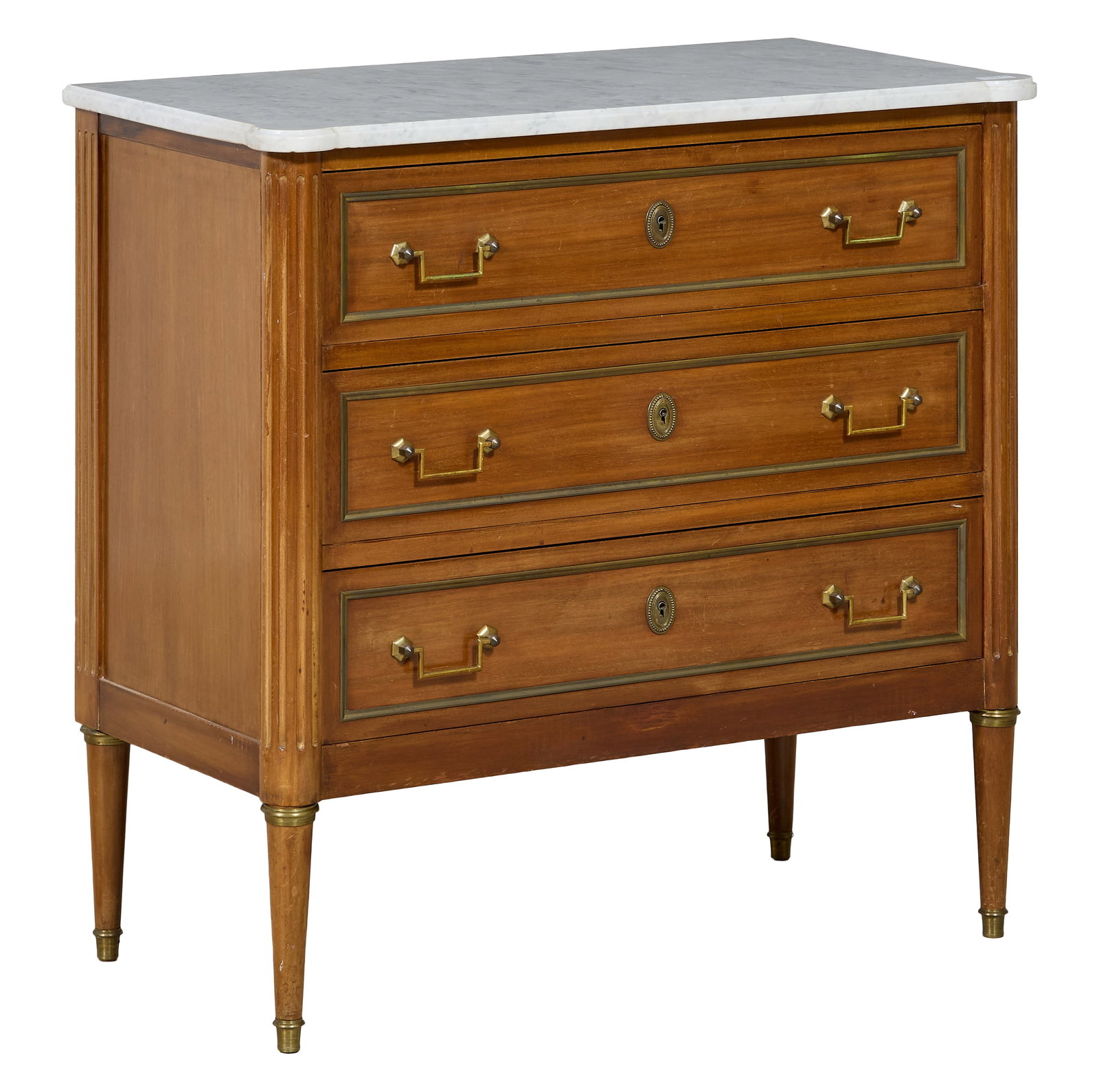 French Louis XVI Style Marble Top Walnut Commode, 20th c., H.- 33 1/2 in., W.- 33 1/2 in., D.- 17 (1 of 2)