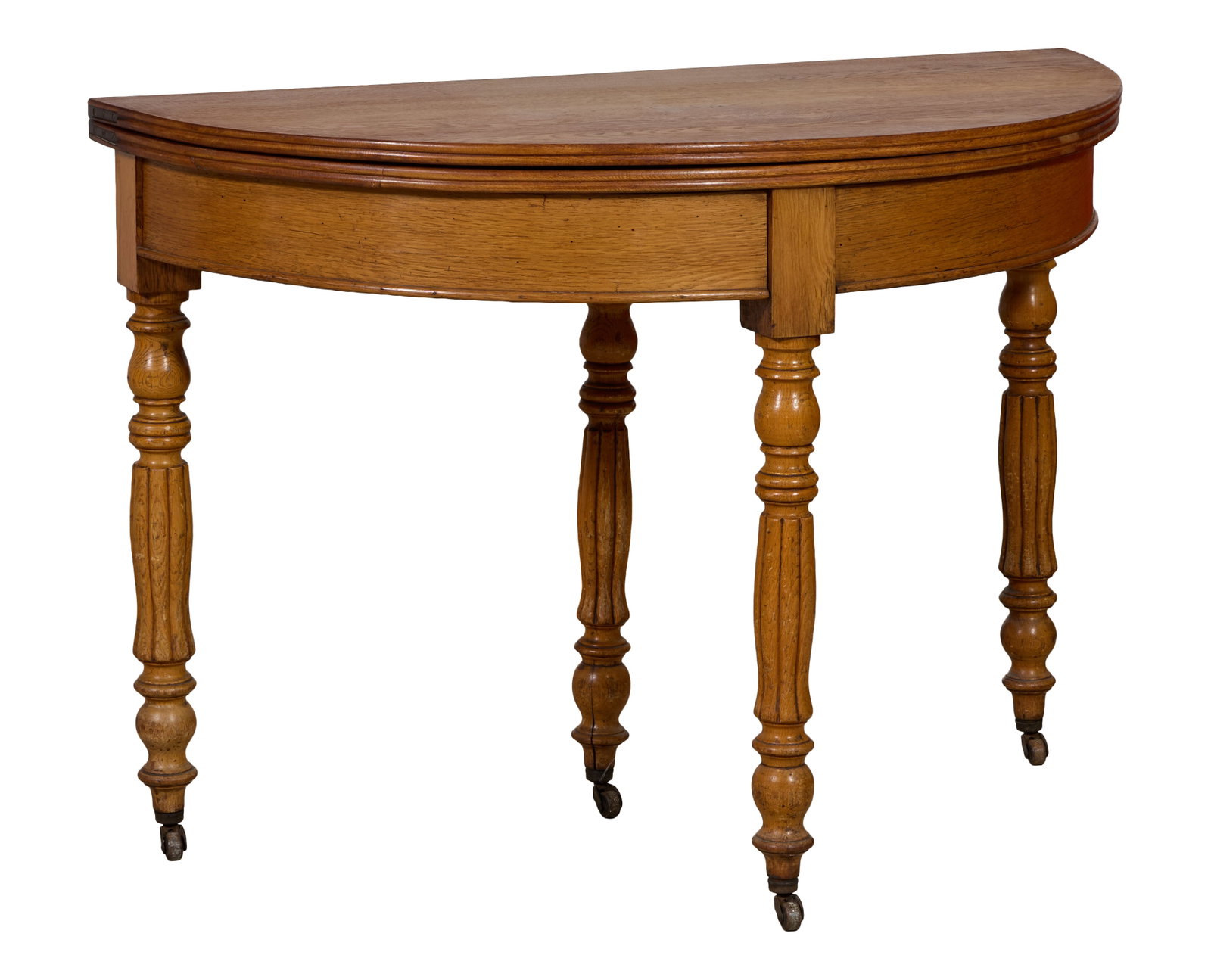 French Louis Philippe Oak Demilune Table, mid 19th c., Closed- H.- 30 3/4 in., W.- 43 1/4 in., D.- (1 of 2)