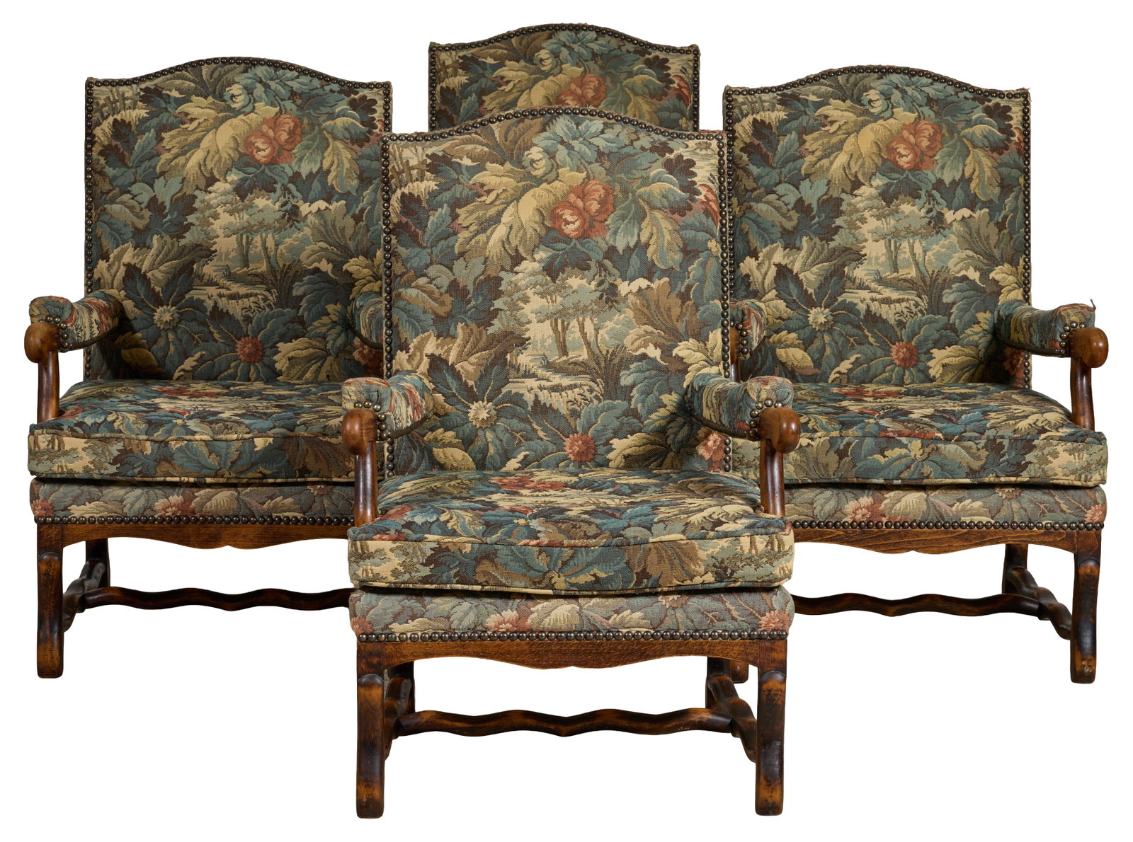 Set of Four French Louis XIII Style Walnut Os de Mouton Fauteuils, mid 20th c., Each- H.- 41 in., (1 of 2)