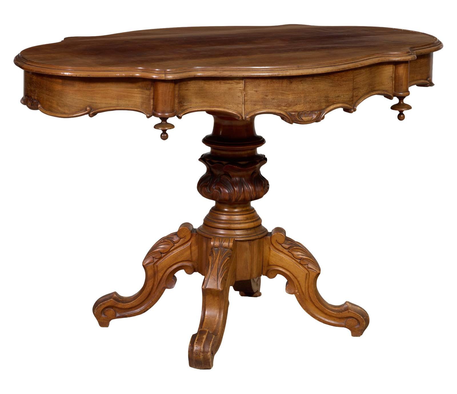 French Napoleon III Carved Walnut Center Table, late 19th c., H.- 29 in., W.- 45 3/4 in., D.- 28 in.: French Napoleon III Carved Walnut Center Table, late 19th c., the moulded turtle top with a hidden apron drawer, four pendants, robust foliate urn standard, acanthus carved scrolled legs, H.- 29 in., 