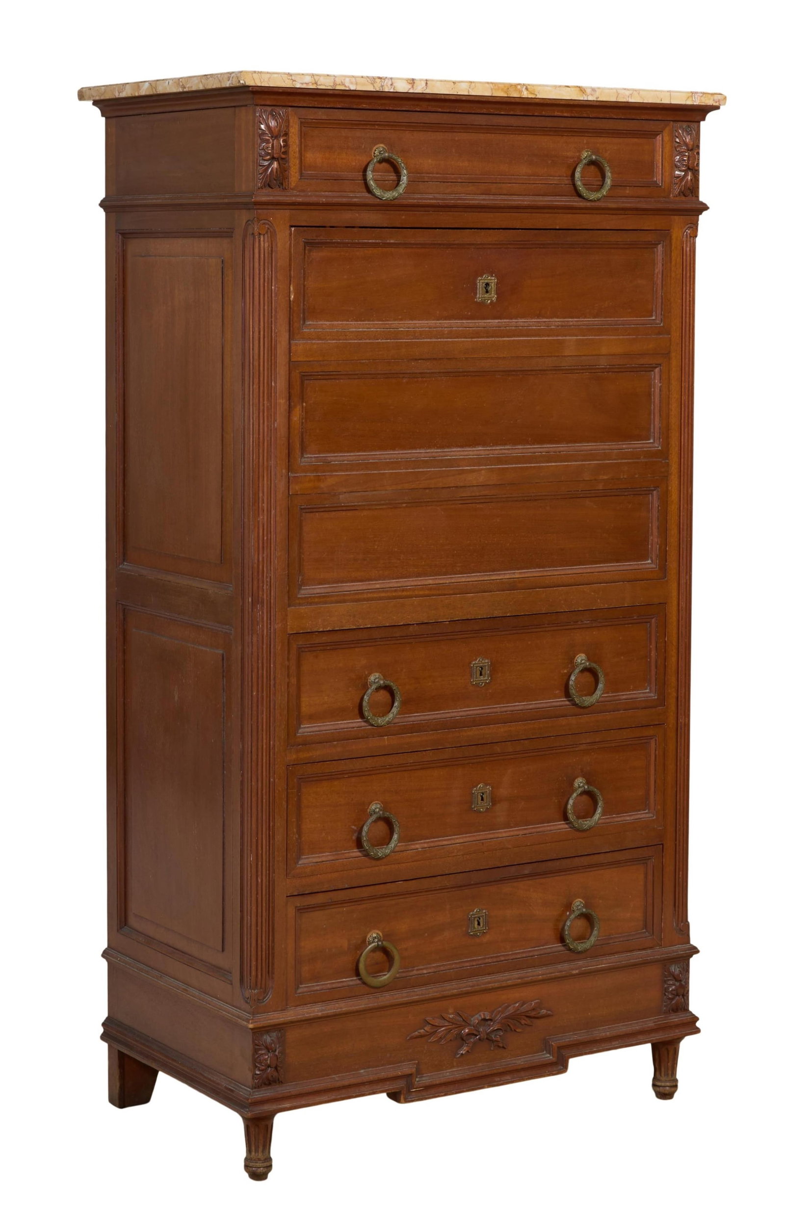 French Louis XVI Style Marble Top Walnut Secretaire a Abattant, 20th c., H.- 57 1/2 in., W.- 31 1/2 (1 of 2)