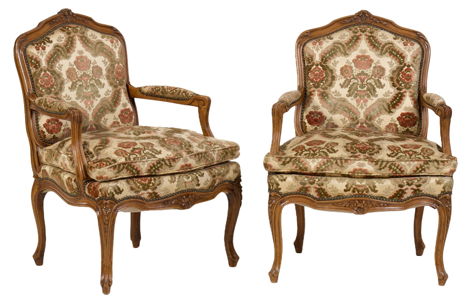 Pair of French Louis XV Style Beech Fauteuils, late 19th c., Each- H.- 35 1/2 in., W.- 26 in., D.-: Pair of French Louis XV Style Beech Fauteuils, late 19th c., the floral carved crest rail over upholstered back, into padded scrolled arms, loose seat cushion, floral carved seat rail joining cabriole