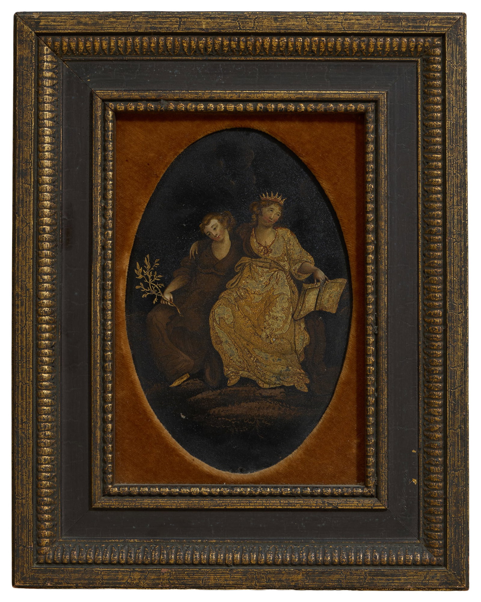 English School (18th Century), "Prosperity, Faith and Peace (Queen with Lady Holding Olive Branch)": English School (18th Century), "Prosperity, Faith and Peace (Queen with Lady Holding Olive Branch)" oil on oval tin, unsigned, presented in a wood frame, Sight- H.- 9 1/4 in., W.- 6 in., Framed- H.- 1