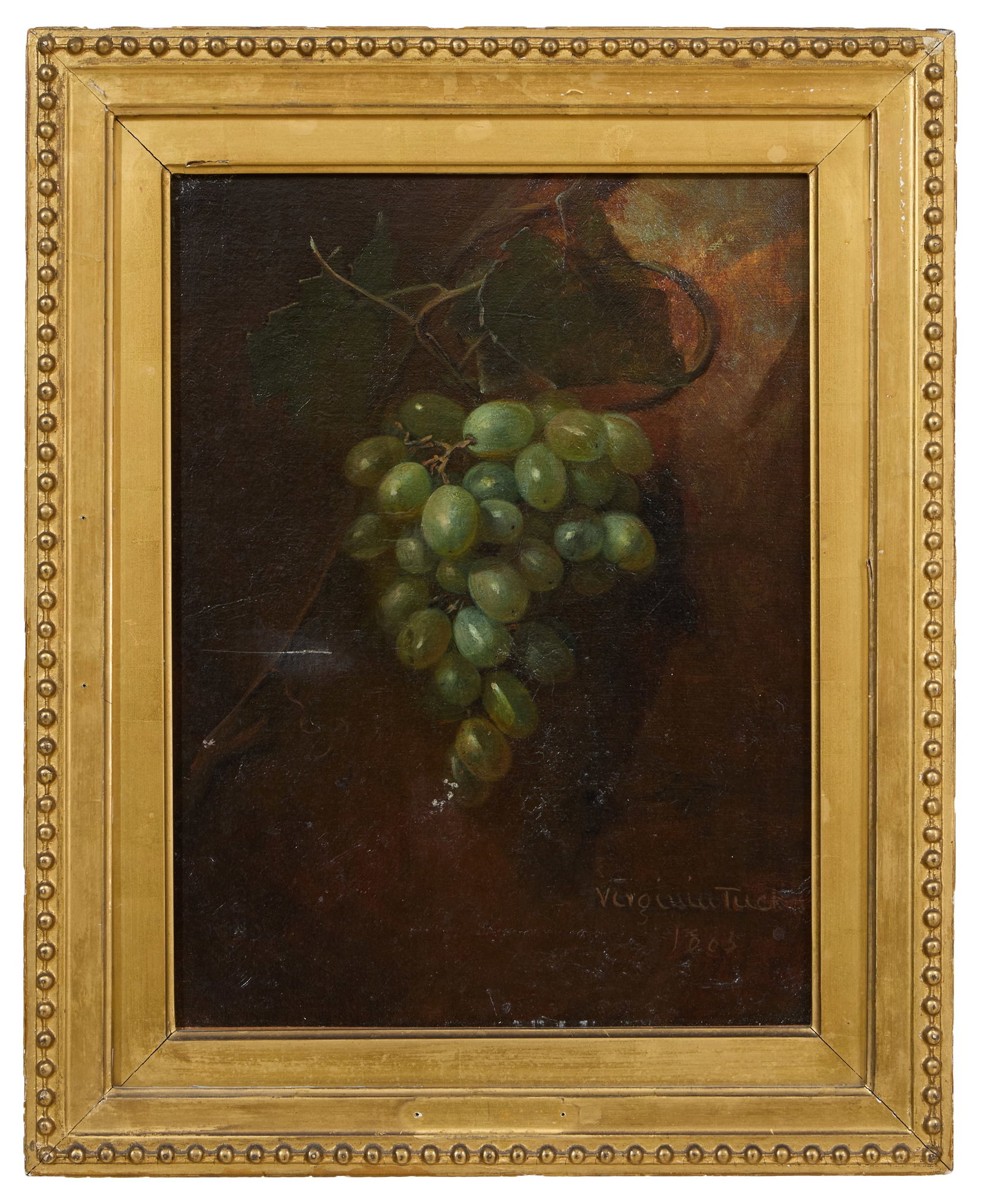 Virginia Tucker (American/New York, 19th Century), "Still Life with Grapes," 1885, H.- 16 in., W.-: Virginia Tucker (American/New York, 19th Century), "Still Life with Grapes," 1885, oil on canvas, signed and dated lower right, presented in a giltwood frame, H.- 16 in., W.- 12 in., Framed- H.- 20 1/