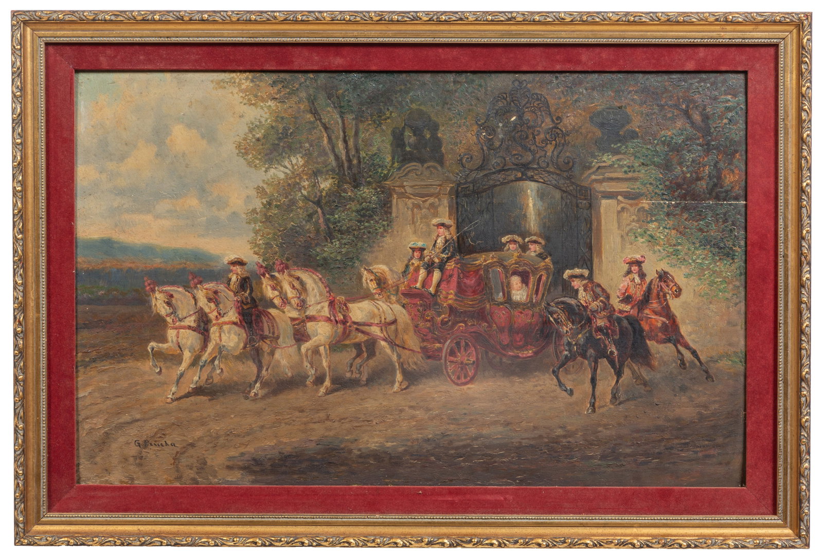 Gustave Prucha (Austrian, 1875-1952), "Carriage and Horses Leaving Estate," 20th c., H.- 14 in., W.- (1 of 4)