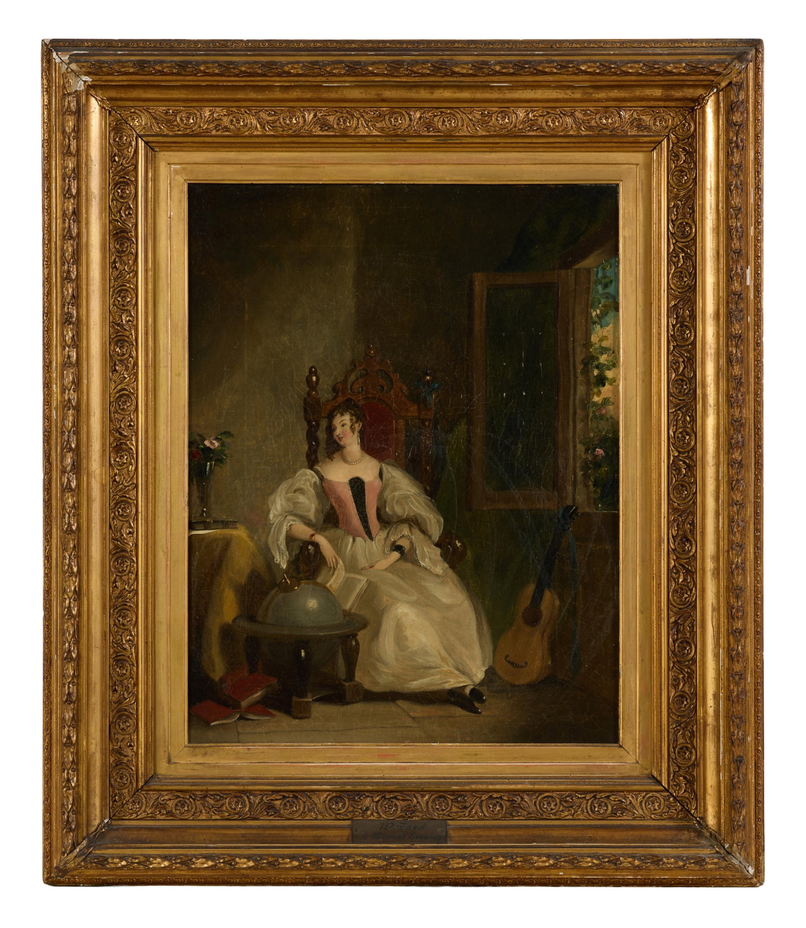 William Cotton Faed (British, 1858-1937), "A Musical Evening (with the Lady)," H.- 18 in., W.- 14: William Cotton Faed (British, 1858-1937), "A Musical Evening (with the Lady)," oil on canvas, signed lower right, titled on brass artist plaque, label from "Alexander Gallery, Bristol" en verso, prese