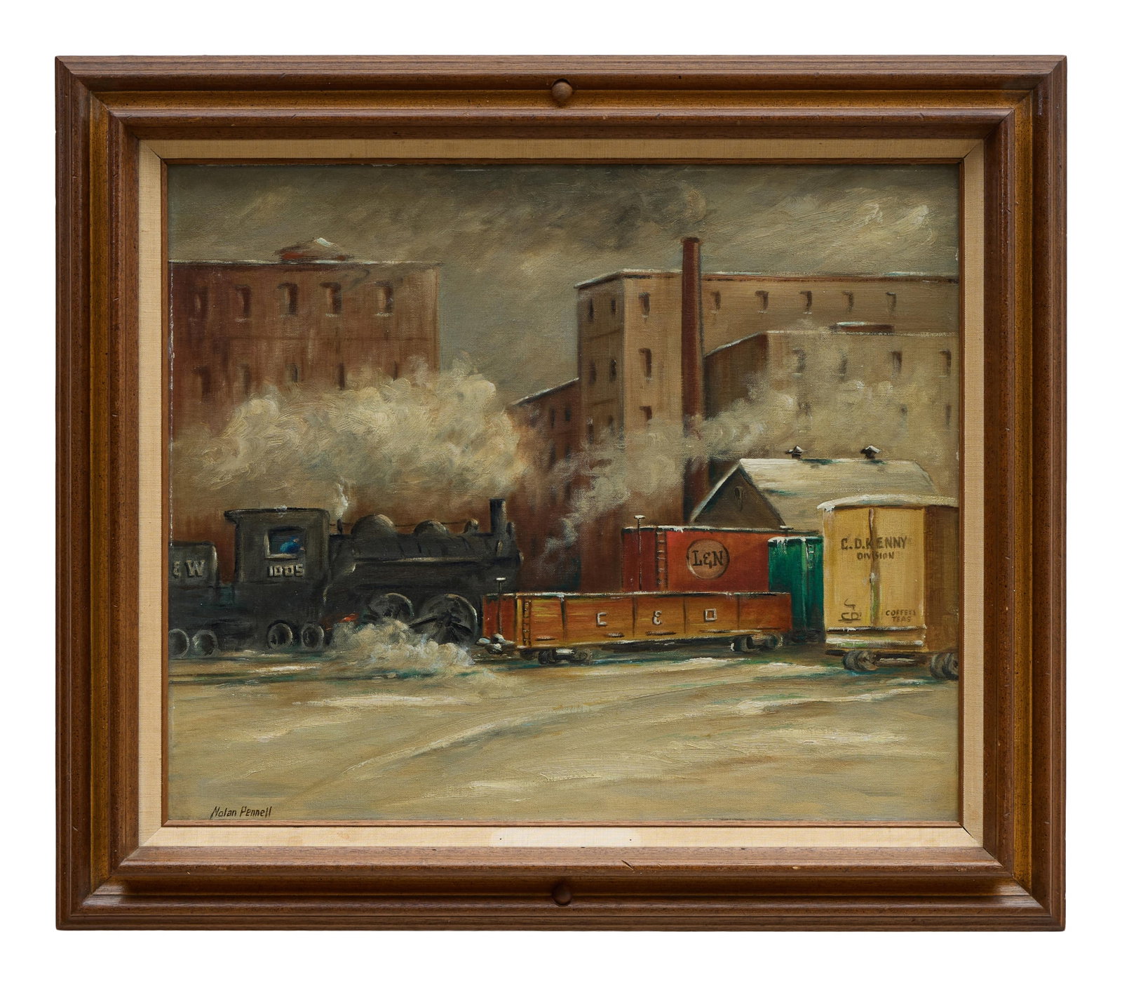 Nolan Pennell (American, 194-1972), "L & N Trains," H.- 20 in., W.- 24 in., Framed- H.- 26 1/4 in.,: Nolan Pennell (American, 194-1972), "L & N Trains," oil on canvas board, signed lower right, presented in a wood frame with glass, H.- 20 in., W.- 24 in., Framed- H.- 26 1/4 in., W.- 30 1/4 in.