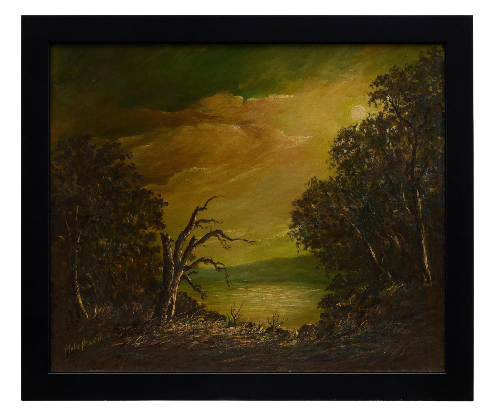 Nolan Pennell (American, 1894-1972), "Moonlit Landscape," H.- 20 in., W.- 24 in., Framed- H.- 23: Nolan Pennell (American, 1894-1972), "Moonlit Landscape," oil on canvas on board, signed lower left, presented in a black frame, H.- 20 in., W.- 24 in., Framed- H.- 23 in., W.- 27 in.
