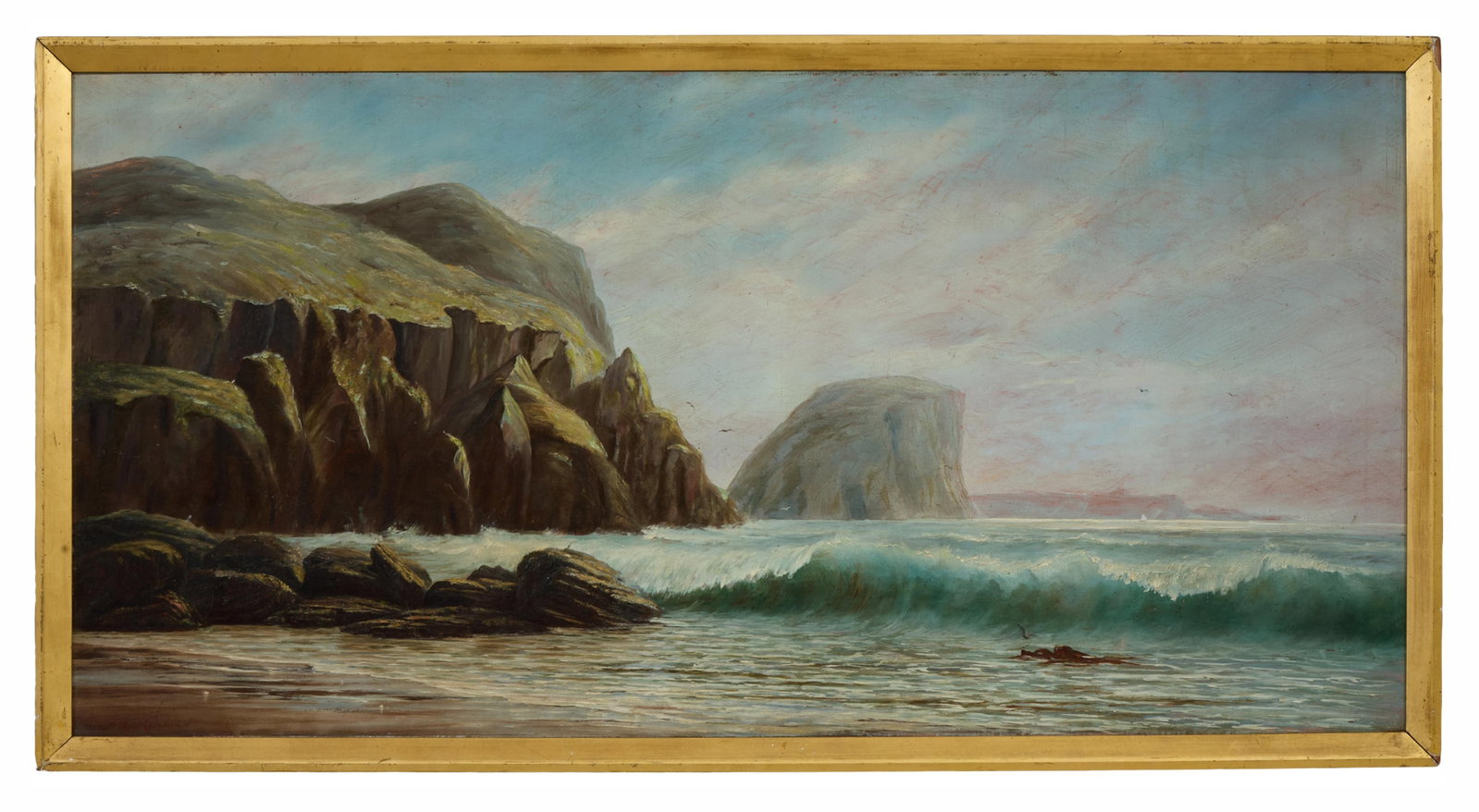 J.R. Morris, Jr. (British, 19th/20th Century), "Coast Scene No.3," H.- 25 in., W.- 50 in., Framed-: J.R. Morris, Jr. (British, 19th/20th Century), "Coast Scene No.3," oil on canvas, signed lower left, titled and signed en verso, presented in a giltwood frame, H.- 25 in., W.- 50 in., Framed- H.- 27 i