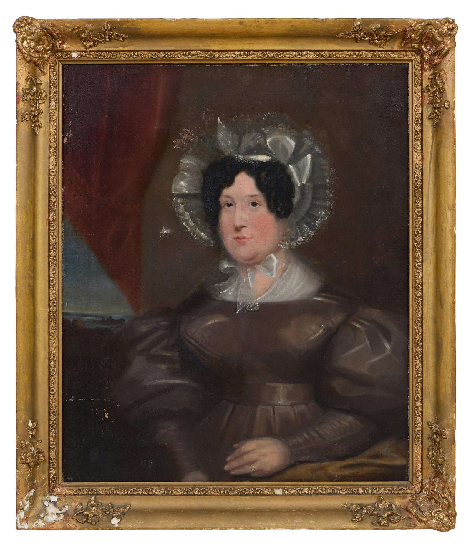 British School (Early 19th Century), "Portrait of a Lady in a Bonnet," H.- 30 in., W.- 25 in.,: British School (Early 19th Century), "Portrait of a Lady in a Bonnet," oil on canvas, unsigned, mid-20th century "Gander and White, London" storage label on frame backing, presented in a gesso and gil