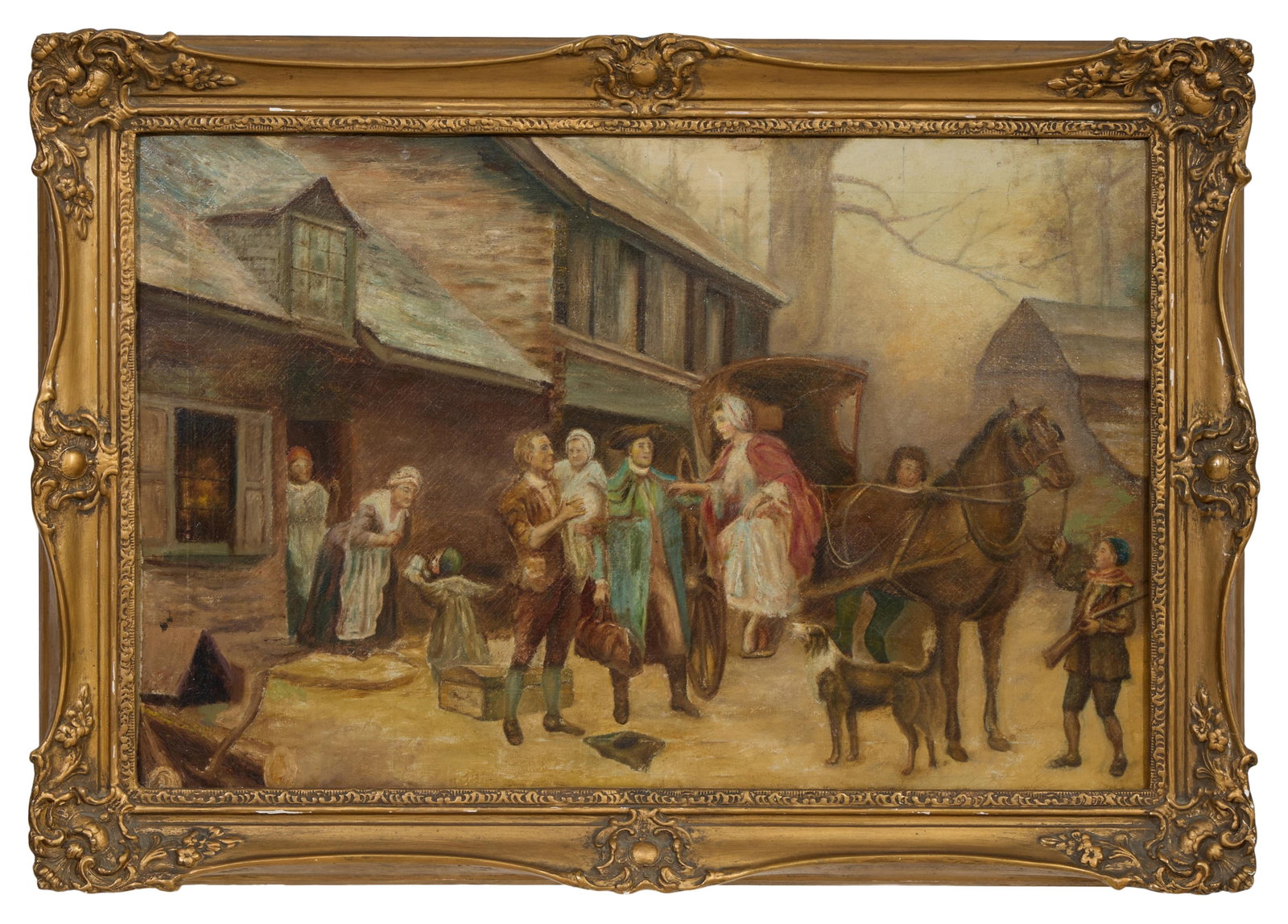 Continental School (19th Century), "Village Street Scene," H.- 19 1/2 in., W.- 30 in., Framed- H.-: Continental School (19th Century), "Village Street Scene," oil on canvas, unsigned, presented in a giltwood frame, H.- 19 1/2 in., W.- 30 in., Framed- H.- 25 in., W.- 35 1/2 in.