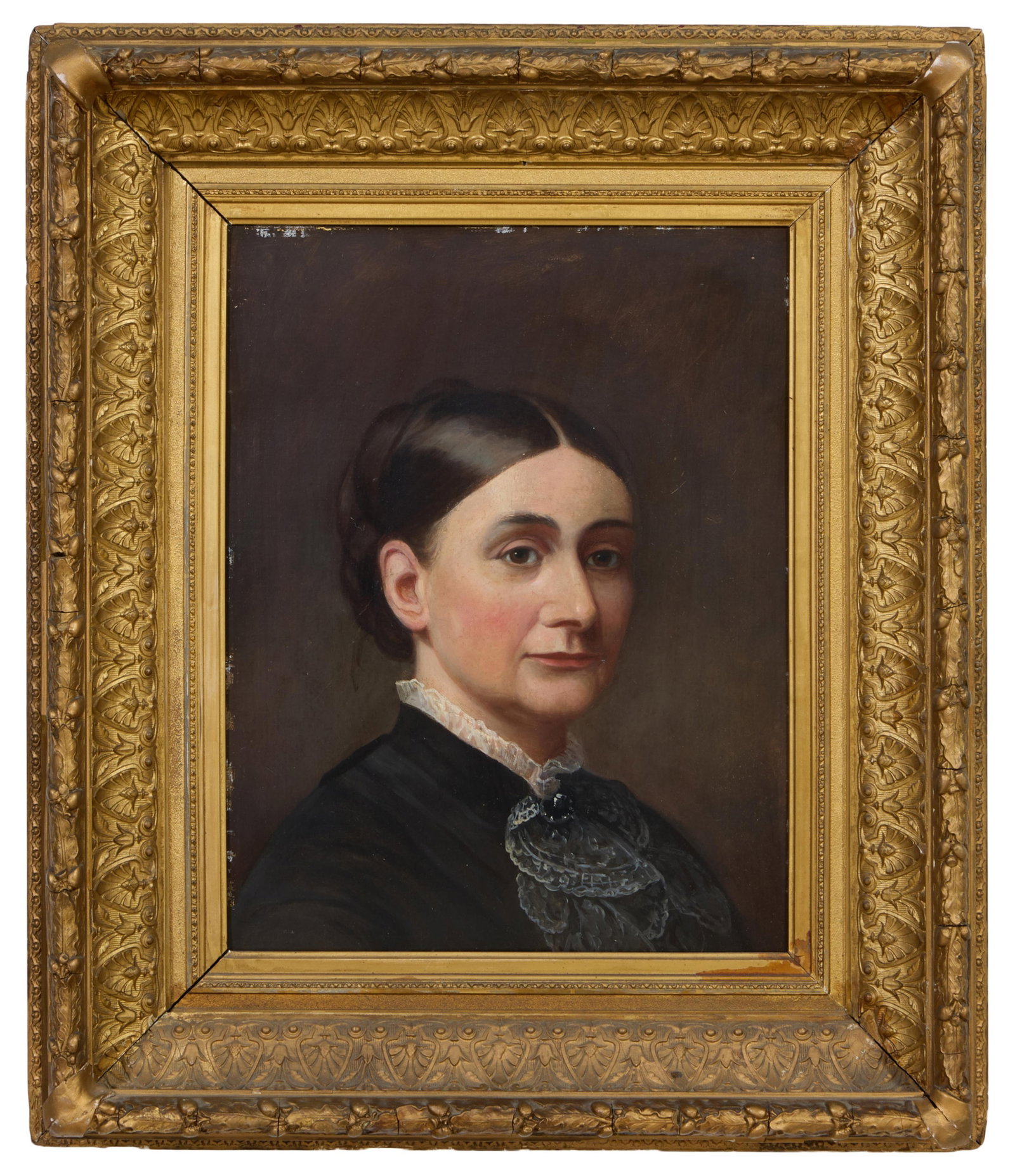 American School (19th Century), "Portrait of a Woman, Possibly Dorothea Dix (1802-1887)," H.- 28: American School (19th Century), "Portrait of a Woman, Possibly Dorothea Dix (1802-1887)," oil on tin, unsigned, presented in a giltwood frame, H.- 28 in., W.- 23 1/2 in., Framed- 35 1/2 in., W.- 30 1/