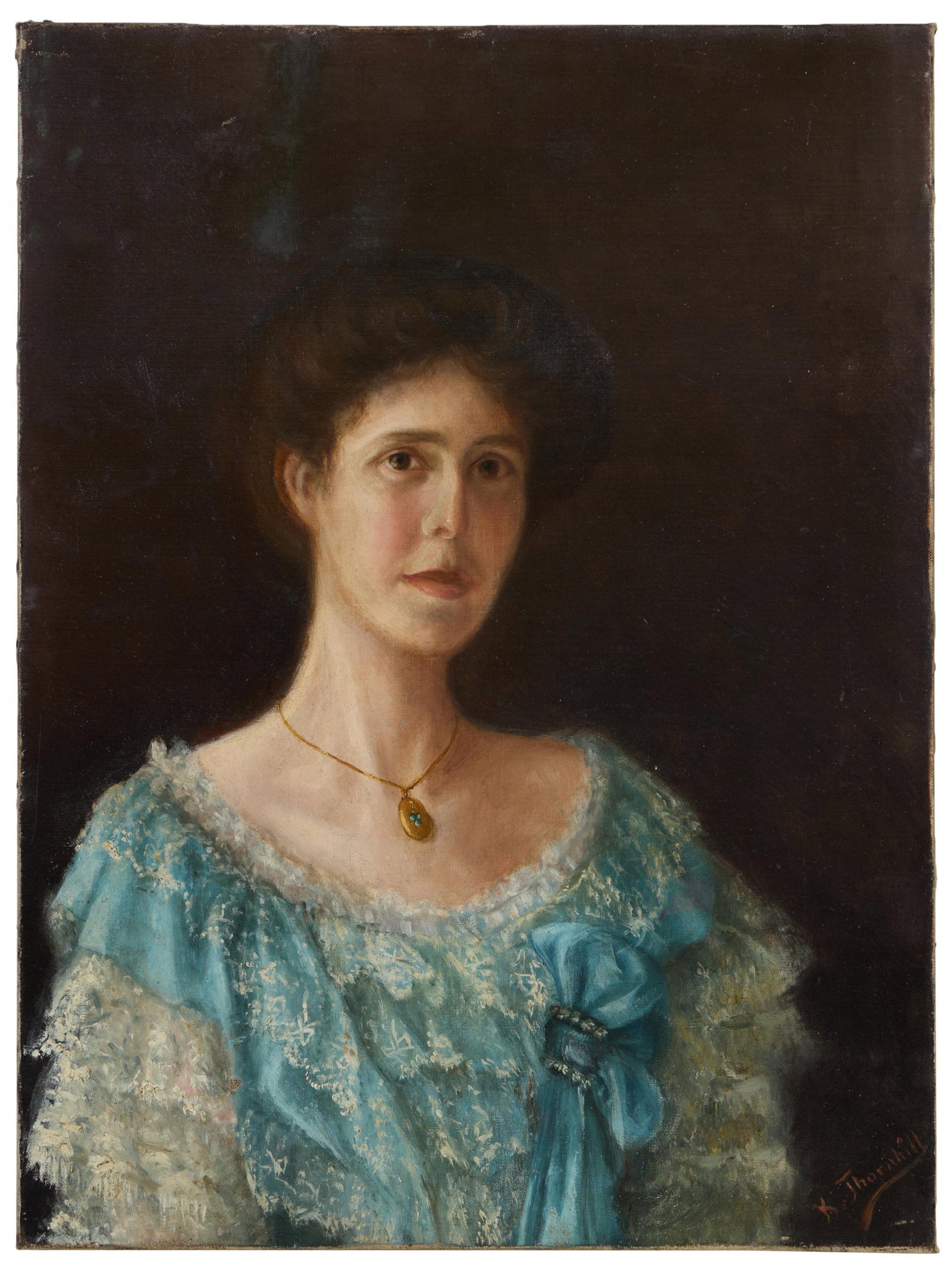 American/British School (Early 20th Century), "Portrait of a Woman in Blue," H.- 24 in., W.- 18 in.: American/British School (Early 20th Century), "Portrait of a Woman in Blue," oil on canvas, signed "K. Thornhill" lower right, unframed, H.- 24 in., W.- 18 in.