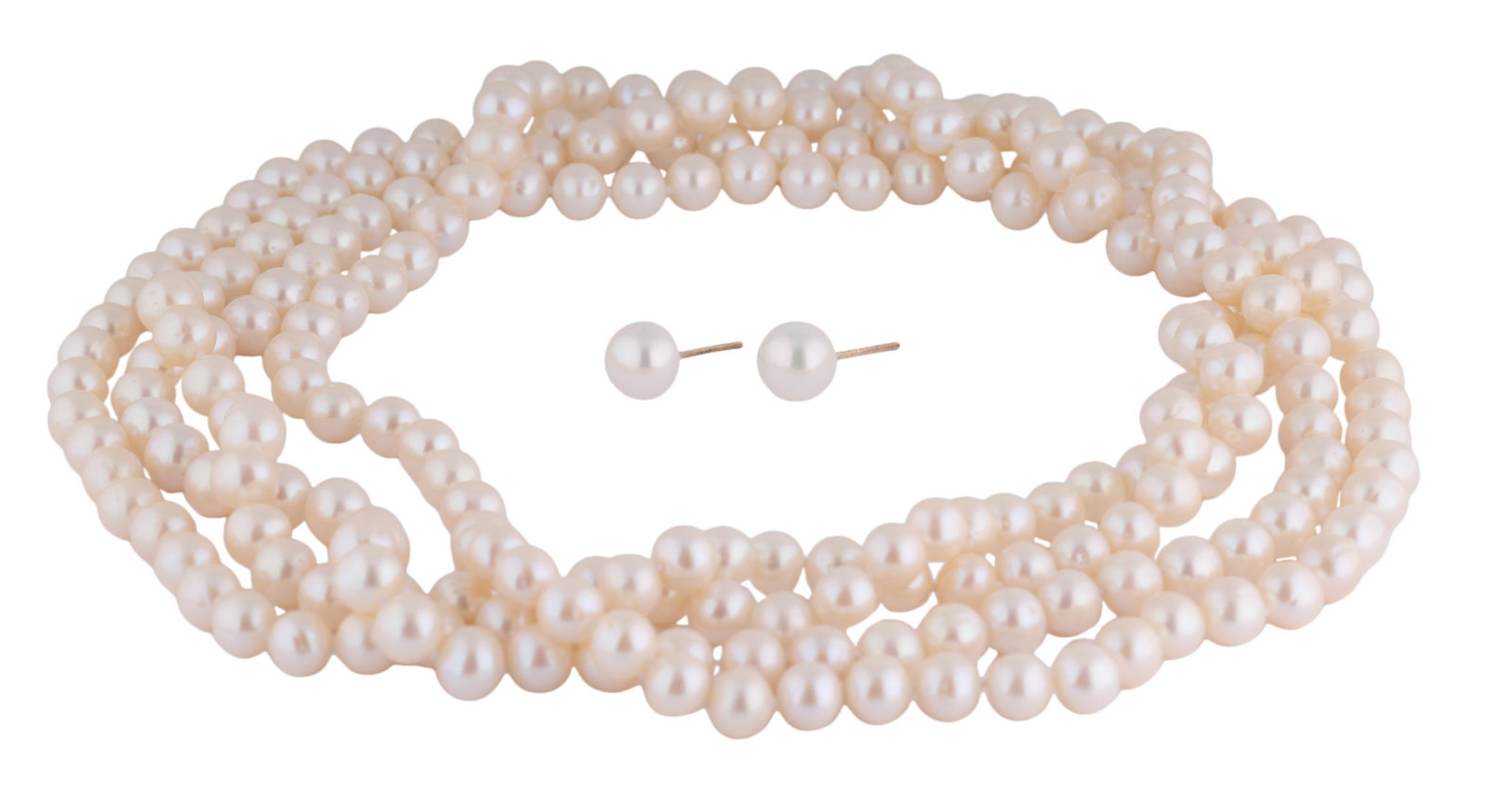 Three Piece Set of Cultured Pearls, Strand- L.- 70 in. (3 Pcs.): Three Piece Set of Cultured Pearls, consisting of a rope length strand of 8mm champagne cultured pearls; together with a pair of 10 mm ivory pearl studs, Strand- L.- 70 in. (3 Pcs.) Please Note: All a