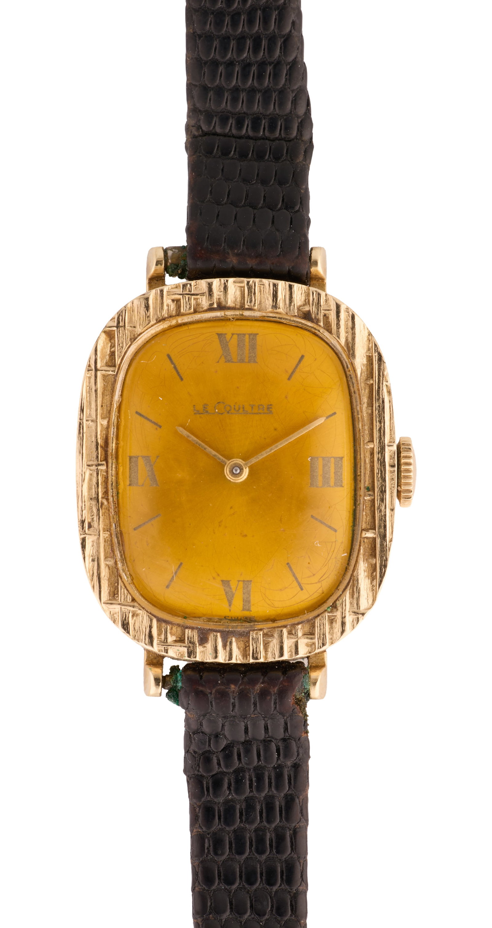 LeCoultre Ladies' Dress Watch, 1960s, Case- H.- 26 mm, W.- 20 mm.: LeCoultre Ladies' Dress Watch, 1960s, no. 7530, the original caliber K840 17 jewels unadjusted manual winding movement in a 10K gold-filled case, textured "bark" bezel, yellow dial with stick and Roma