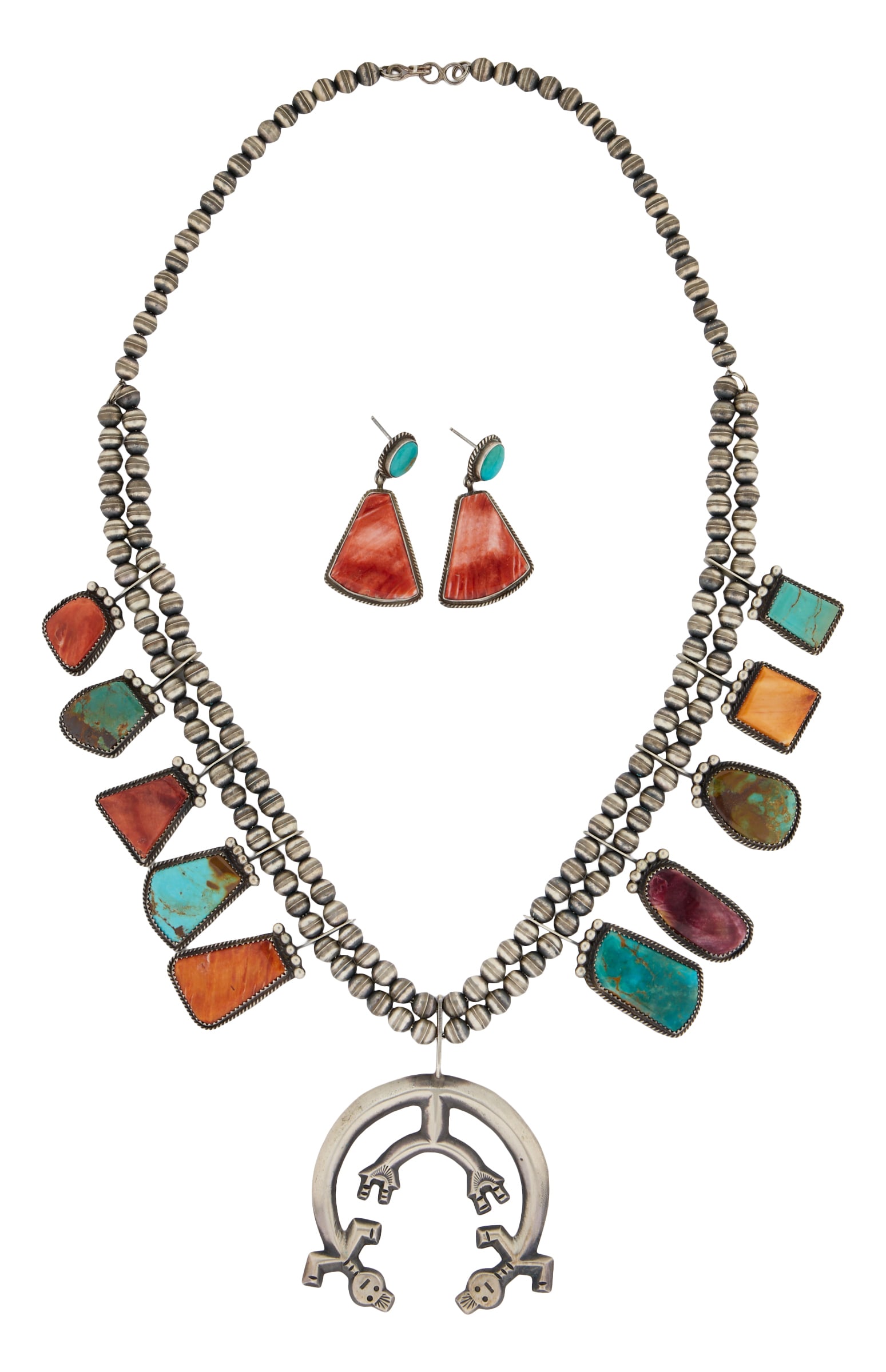 Three Piece Selina Warner Navajo Sterling Turquoise and Spiny Oyster Squash Blossom Necklace and: Three Piece Selina Warner Navajo Sterling Turquoise and Spiny Oyster Squash Blossom Necklace and Earring Set, Acoma Pueblo, the beaded necklace suspending five turquoise pendants and five spiny oyster