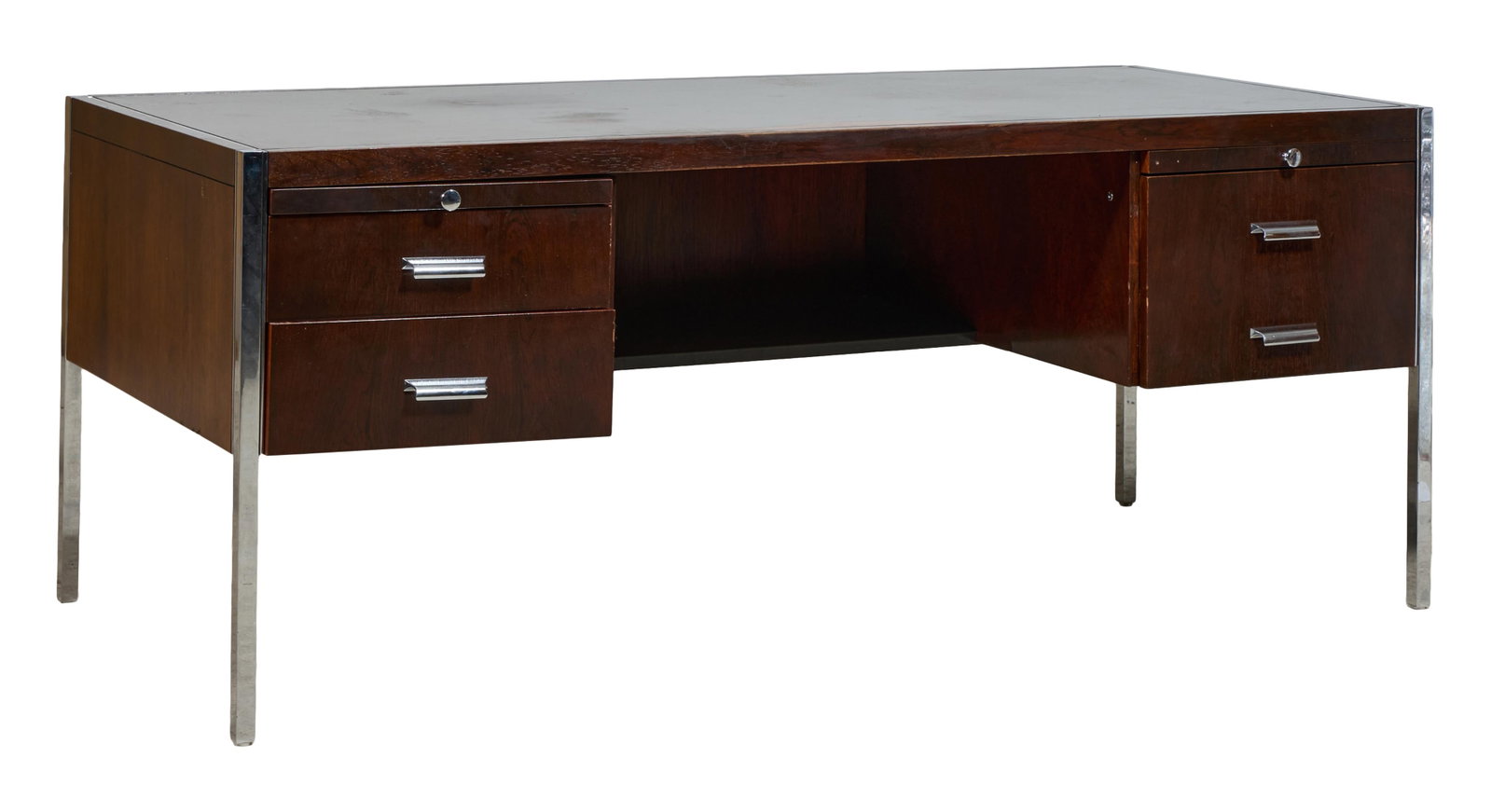 Modern Executive Desk, late 20th c., Possibly Stow & Davis H.- 29 in., W.- 72 1/4 in., D.- 32 in.: Modern Executive Desk, late 20th c., Possibly Stow & Davis rectangular top over two slides over three drawers, square tubular chrome legs, H.- 29 in., W.- 72 1/4 in., D.- 32 in.