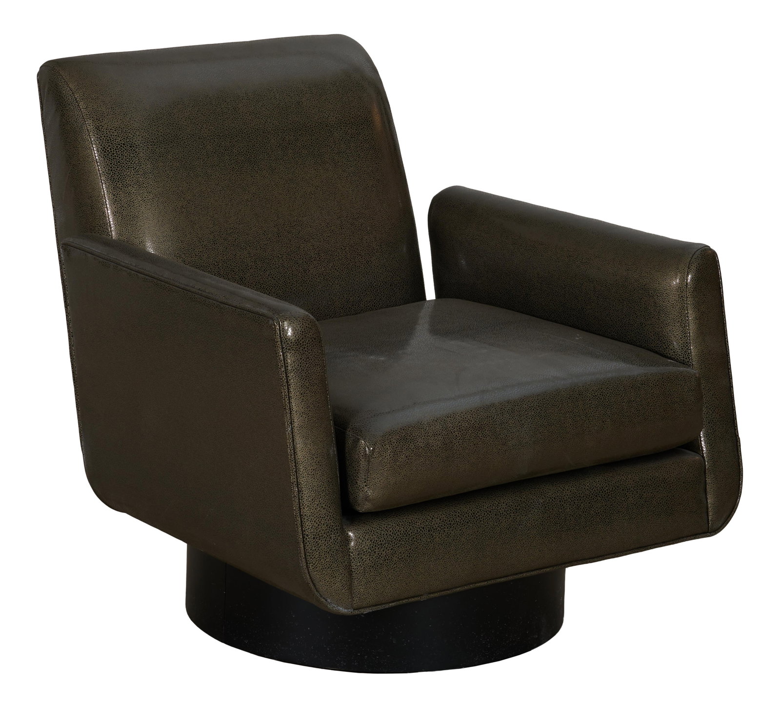 Supanova Style Leather Swivel Chair, 21st c., after Mitchell Gold and Bob Williams, H.- 30 1/2 in.,: Supanova Style Leather Swivel Chair, 21st c., after Mitchell Gold and Bob Williams, the upholstered back flanked by freestanding arms, loose seat cushion, inset round rotating base, H.- 30 1/2 in., W.