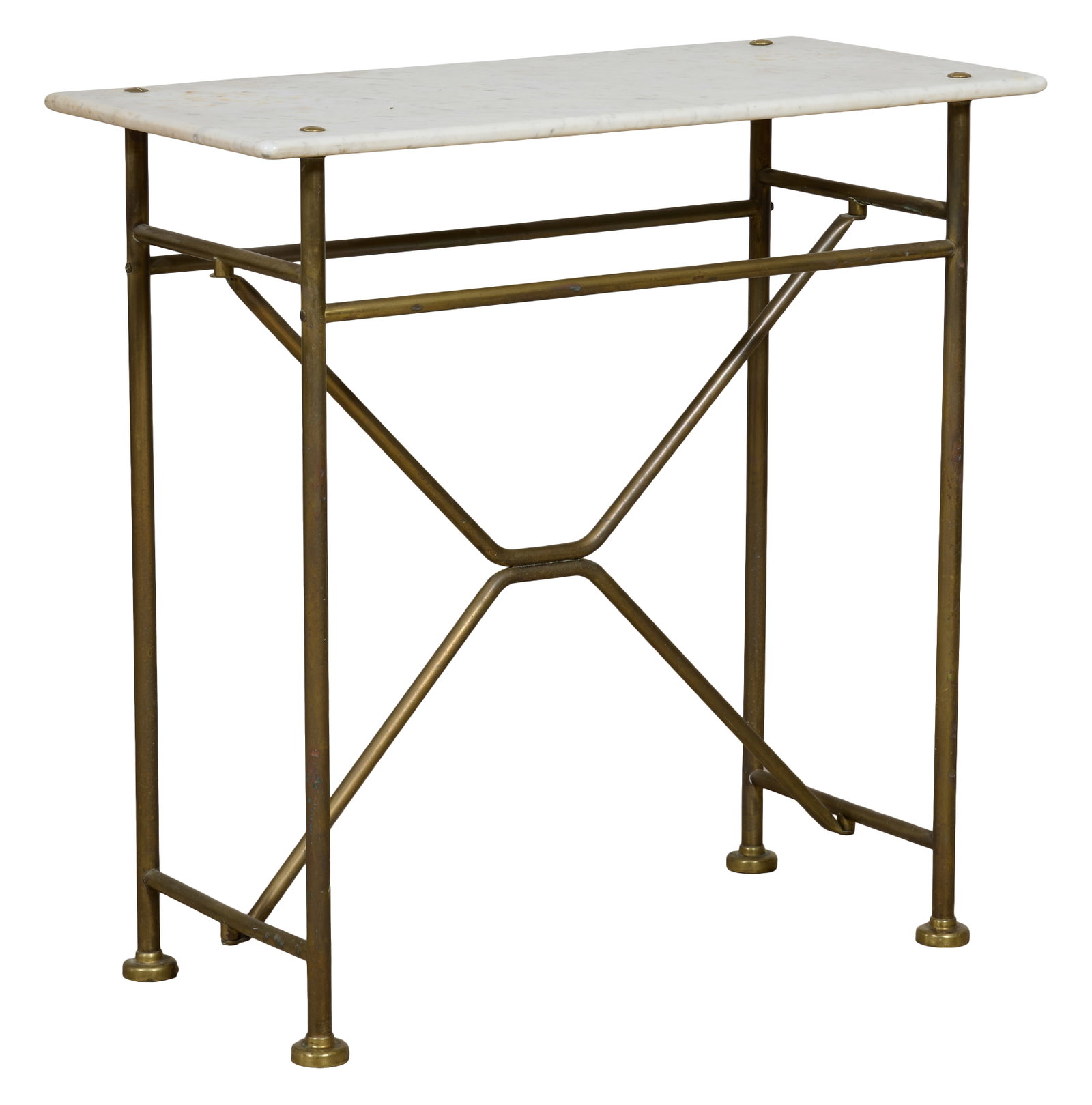 French Marble Top Brass Console, early 20th c., H.- 30 5/8 in., W.- 31 1/2 in., D.- 15 in.: French Marble Top Brass Console, early 20th c., the honed rectangular top with rounded corners, 'X' stretchered tubular bass legs on flat feet, H.- 30 5/8 in., W.- 31 1/2 in., D.- 15 in. Provenance: C