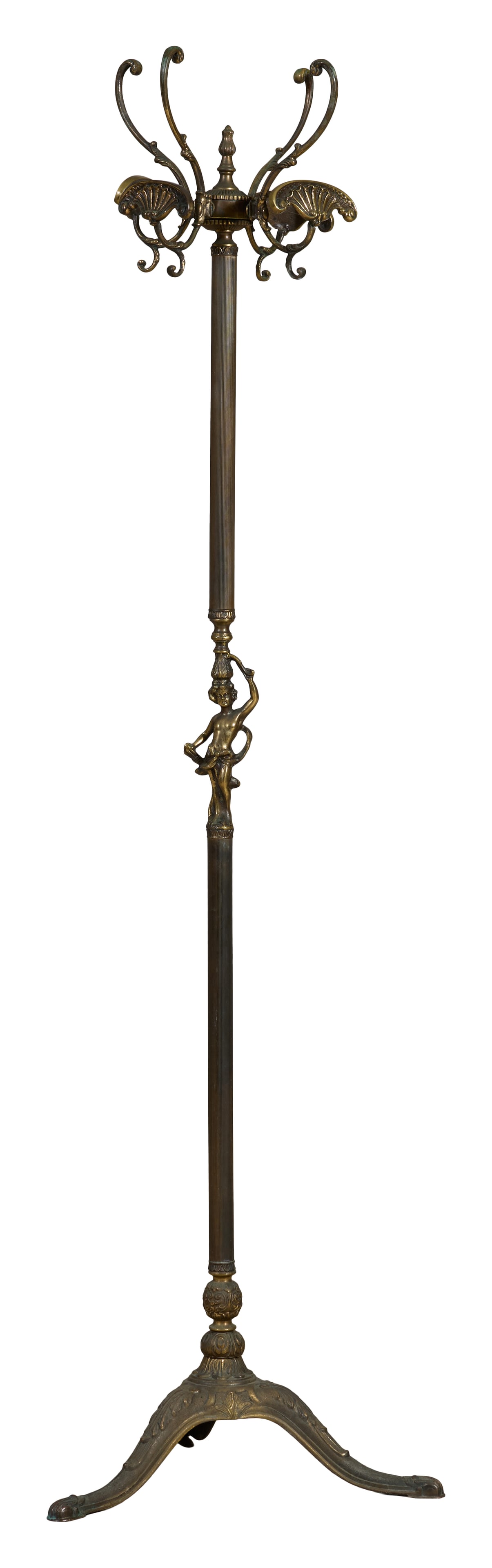 French Art Nouveau Metal Hat and Cloak Rack, early 20th c., H.- 67 in., Dia.- 19 in.: French Art Nouveau Metal Hat and Cloak Rack, early 20th c., the 'S' form scrolled hooks with shells, finialed urn standard with central figure, tripartite acanthus base, H.- 67 in., Dia.- 19 in. Prove