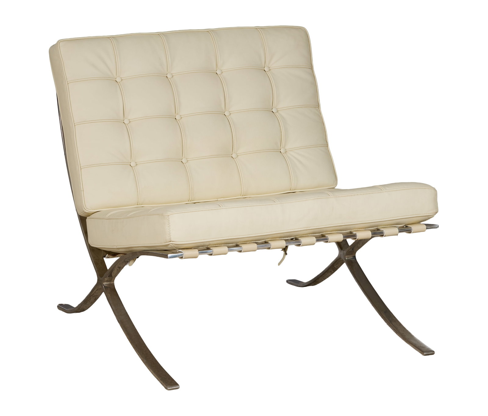 Barcelona Style Chair, late 20th c., H.- 29 3/4 in., W.- 29 3/4 in., D.- 29 3/4 in.: Barcelona Style Chair, late 20th c., button tufted conforming back and seat cushion, flat bar 'X' frame with support straps, H.- 29 3/4 in., W.- 29 3/4 in., D.- 29 3/4 in.