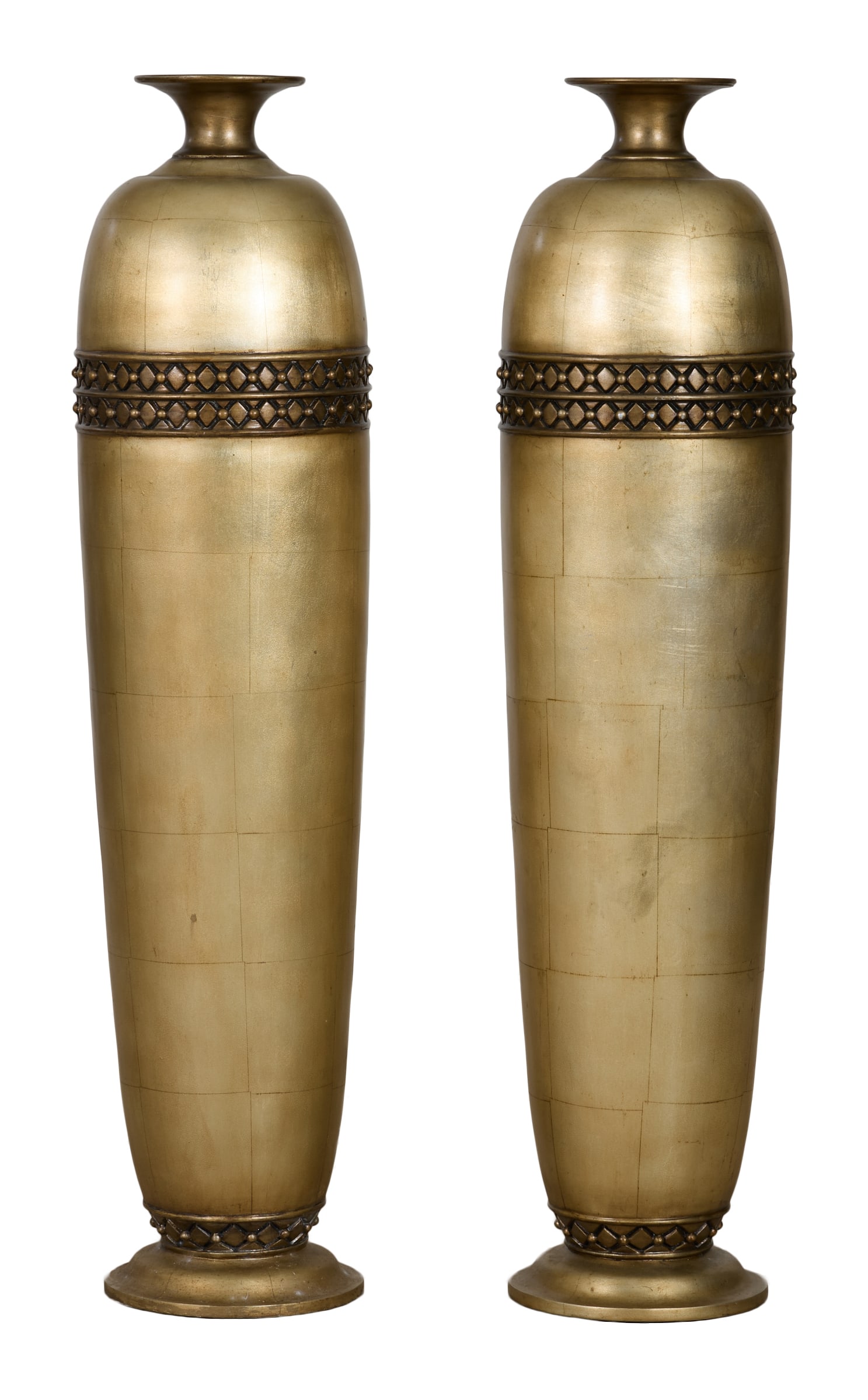 Pair of Large Contemporary Composite Floor Vases, 21st c., Each- H.- 51 in., Dia.- 12 in. (2 Pcs.): Pair of Large Contemporary Composite Floor Vases, 21st c., baluster form, diamond and dot banding, faux gilt leaf square decoration, diamond dot lower band, socle base, Each- H.- 51 in., Dia.- 12 in. 