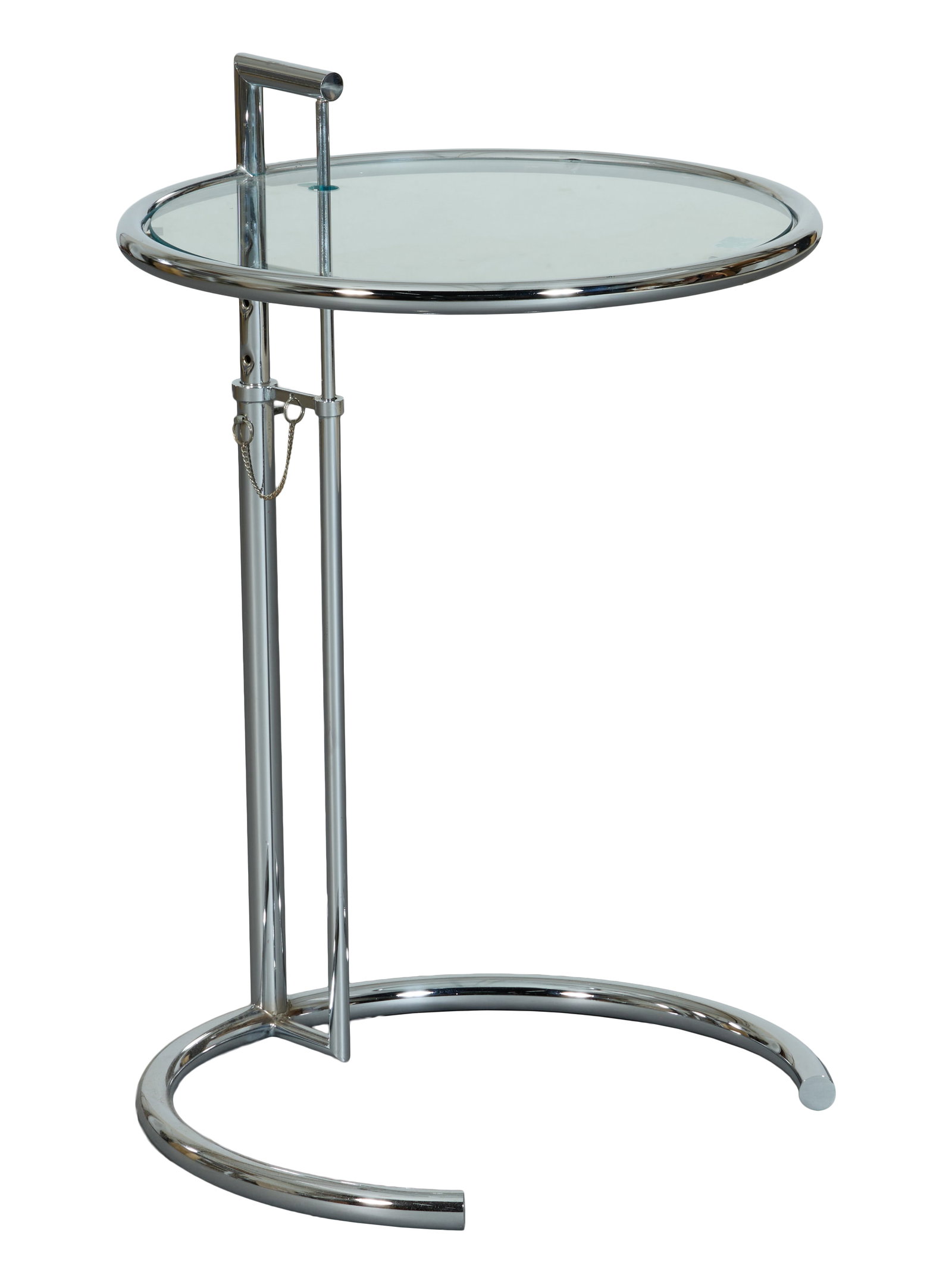 Eileen Gray Style Adjustable Chrome and Glass Side Table, late 20th c., H.- 30 1/2 in., Dia.- 20 in. (1 of 1)