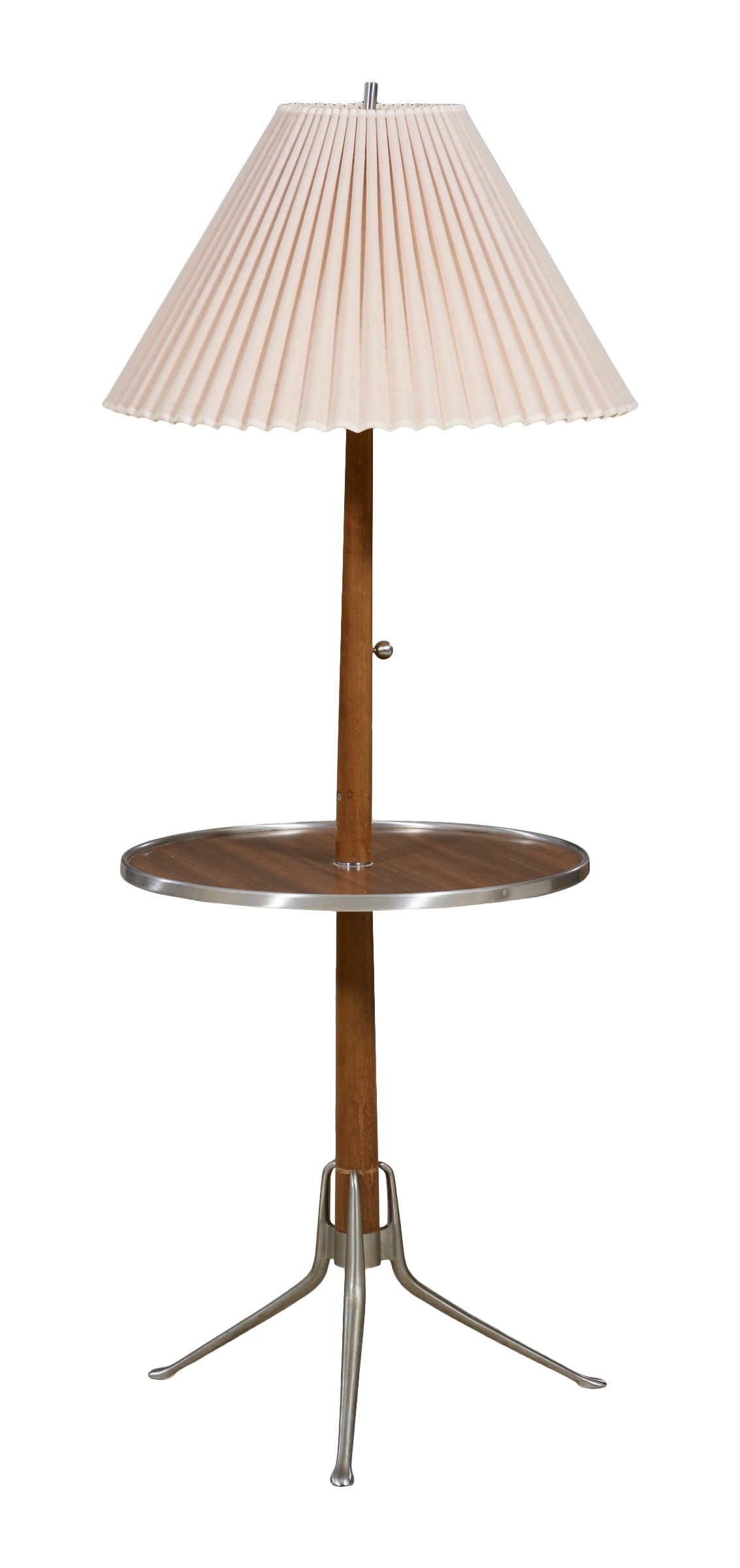 Mid Century Modern Chrome and Wood Side Table Floor Lamp, mid 20th c., H.- 51 in., Dia.- 18 in. (1 of 2)