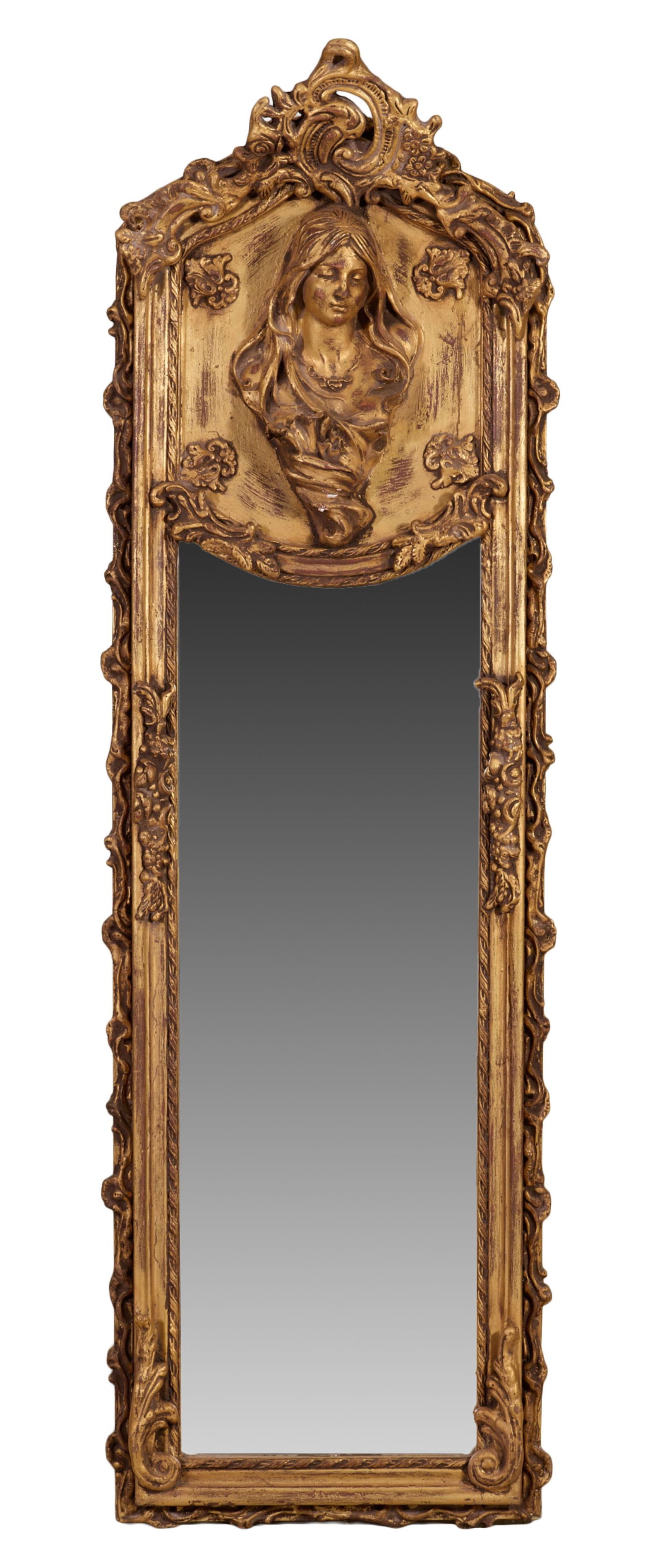 Rocaille Gilt Maiden Bust Pier Mirror, 21st c., H.- 69 in., W.- 21 1/2 in., D.- 4 1/4 in. (1 of 2)