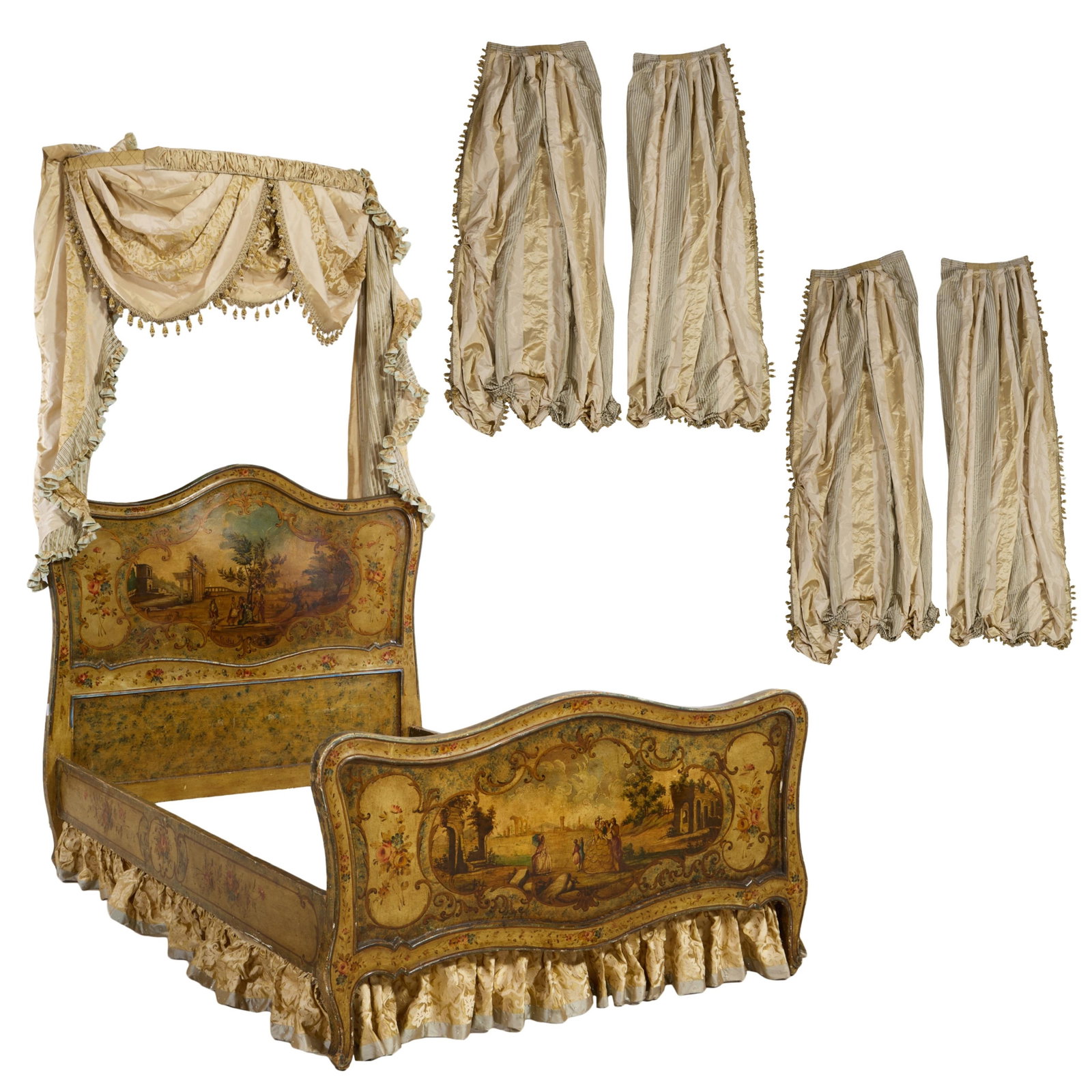 French Louis XV Style Scenic Painted Bed with Hangings, 20th c., Bed- H.- 52 in., W.- 52 in., L.- 78 (1 of 5)