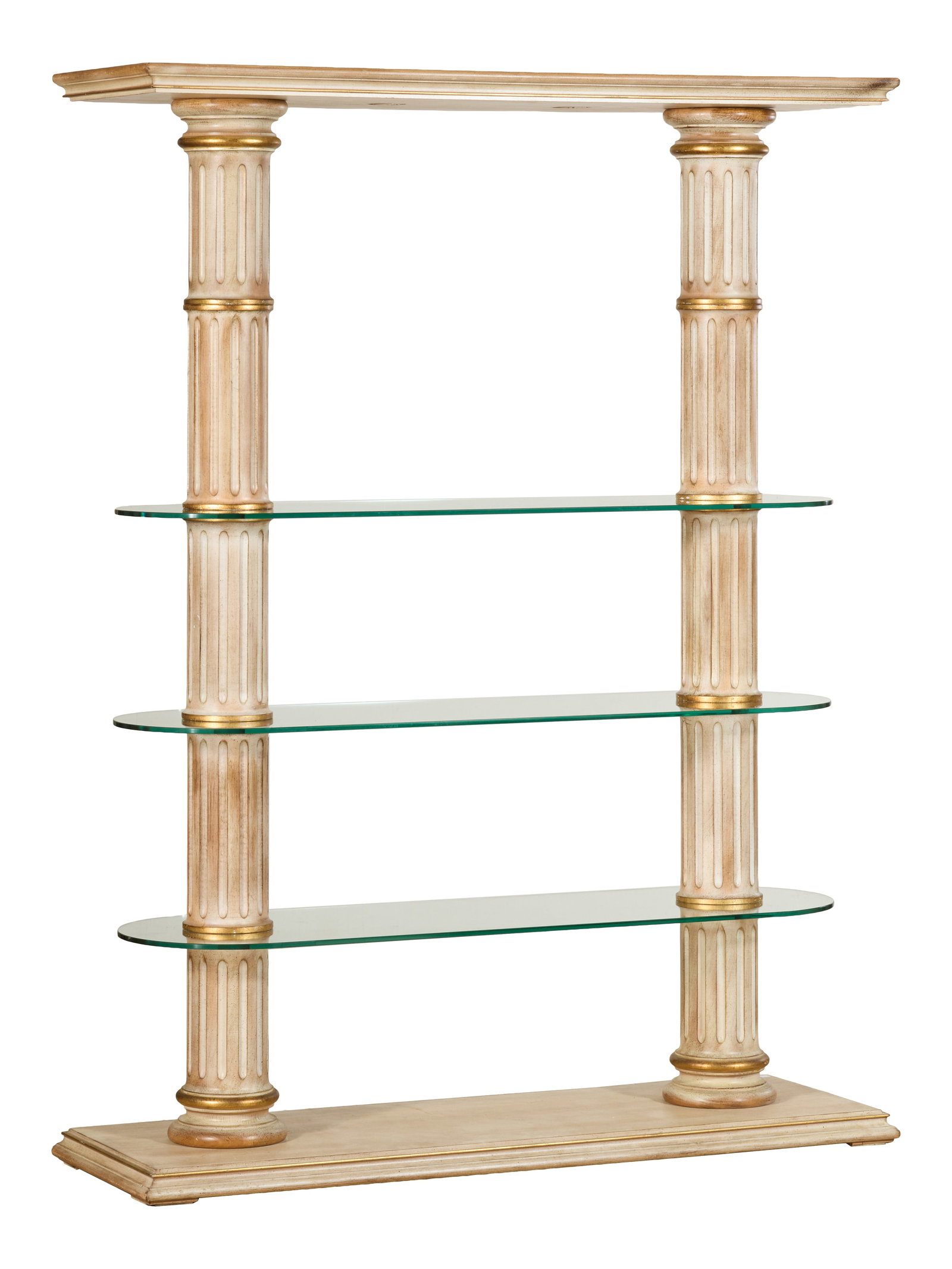 Florentine Style Giltwood and Glass Etagere, late 20th c., H.- 79 in., W.- 59 in., D.- 20 in.: Florentine Style Giltwood and Glass Etagere, late 20th c., the rectangular moulded top with two segmented flute Doric column supports, three floating racetrack form glass shelves, moulded plinth base,