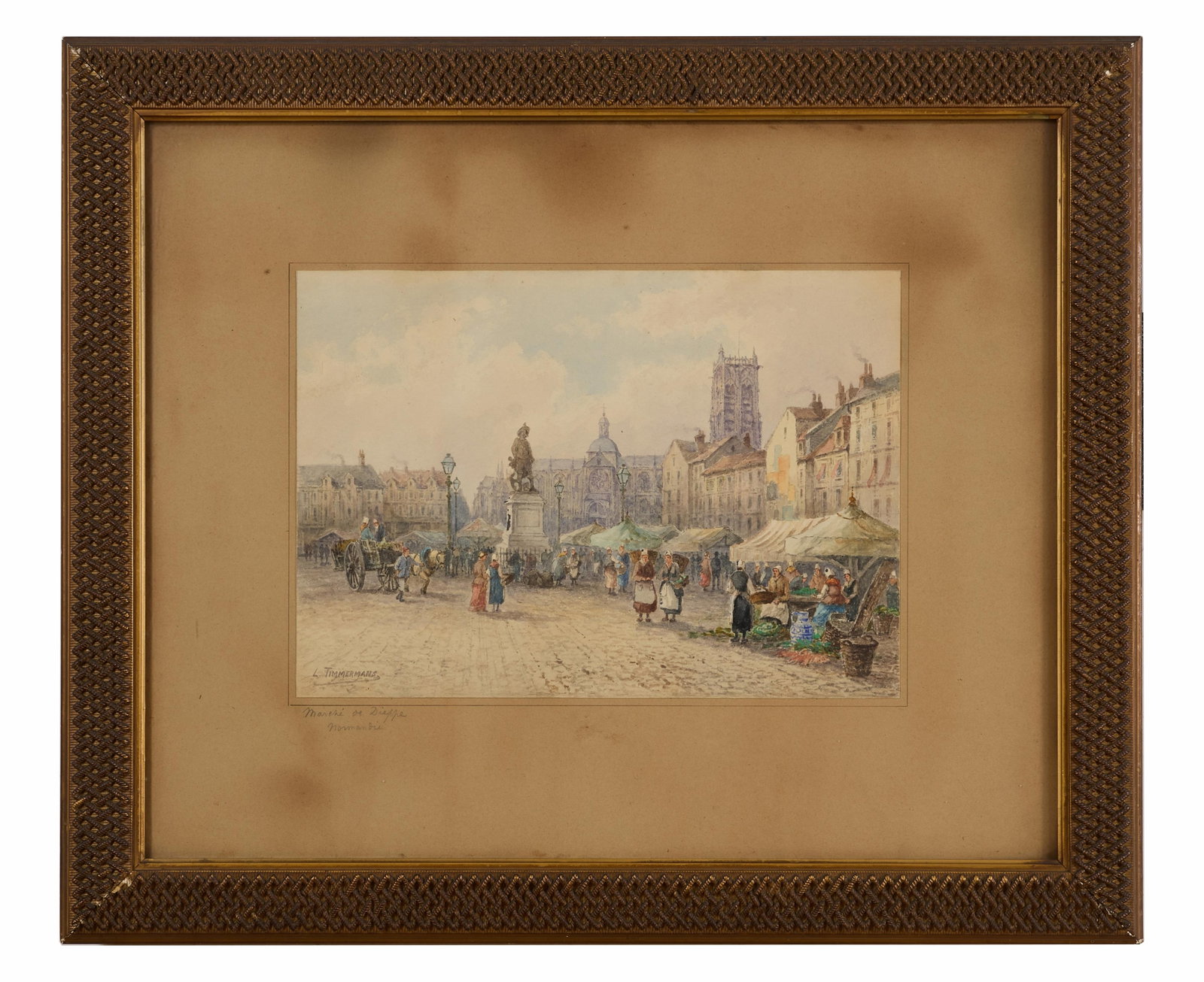 Louis Etienne Timmermans (Belgian/French, 1847-1910), "Market Scene, Dieppe," Sight- H.- 10 5/8 in.,: Louis Etienne Timmermans (Belgian/French, 1847-1910), "Market Scene, Dieppe," watercolor on paper, signed lower left, left border later titled/localized in pencil, presented in a wood frame, Sight- H.