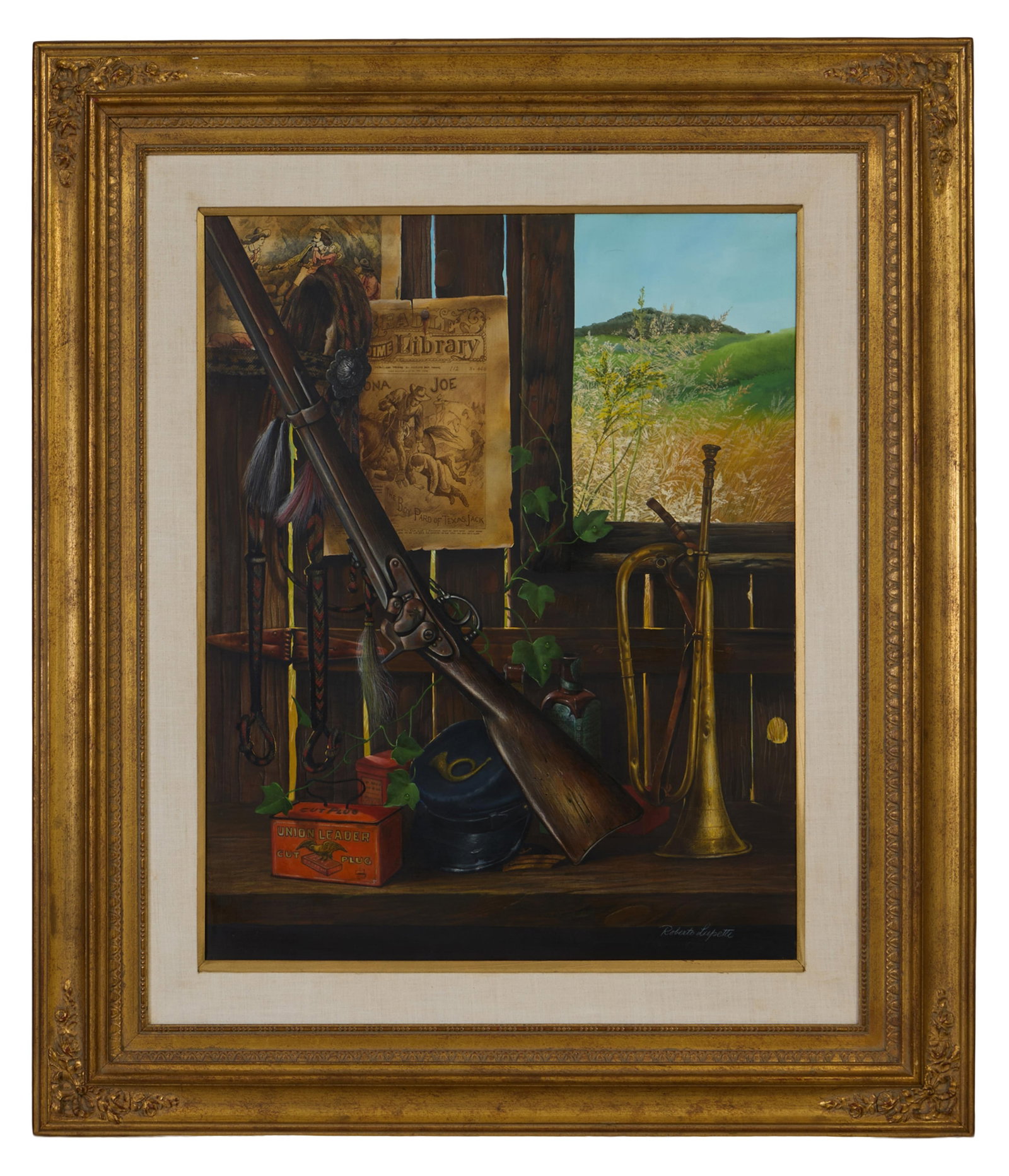 Roberto Lupetti (Italian/California, 1918-1997), "Yesterday's Glory," H.- 30 in., W.- 24 in.,: Roberto Lupetti (Italian/California, 1918-1997), "Yesterday's Glory," oil on canvas, signed lower right, presented in a giltwood frame, H.- 30 in., W.- 24 in., Framed- H.- 43 1/2 in., W.- 37 1/2 in.