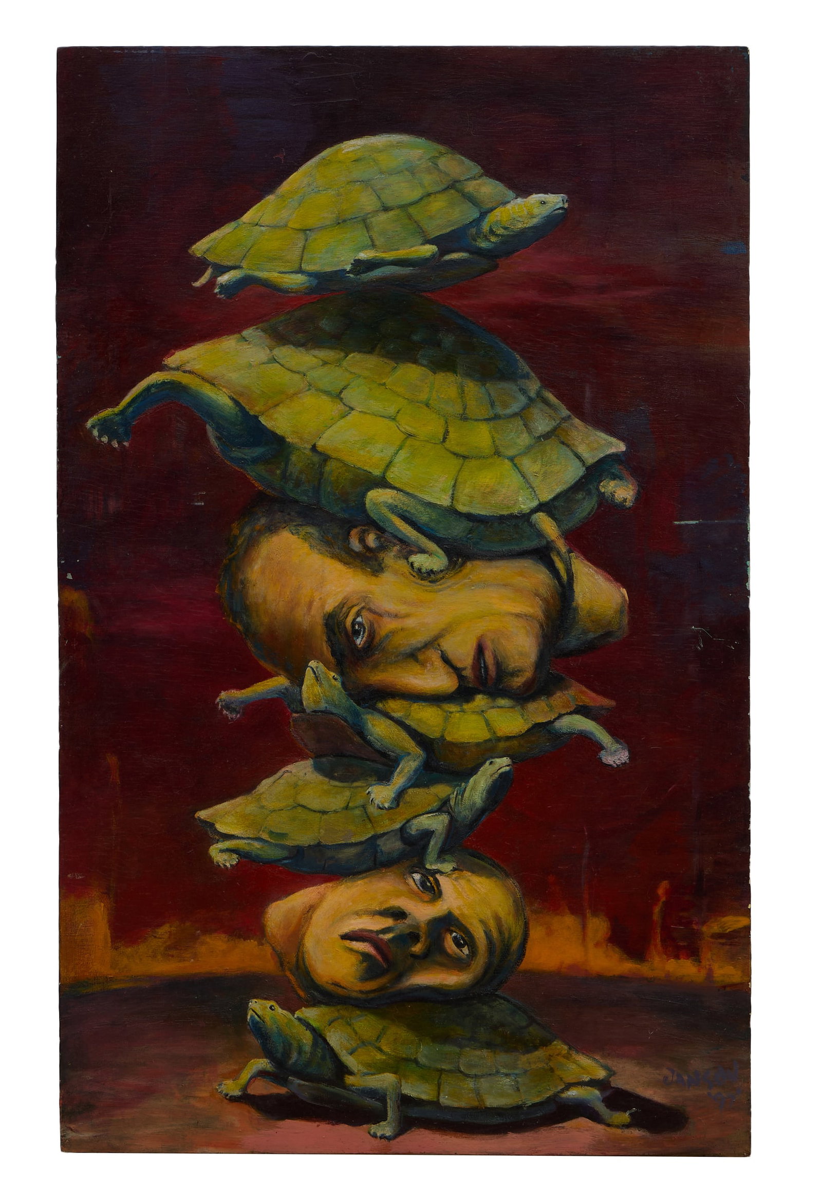 Janson, "Turtles and Heads," 1997, H.- 41 in., W.- 25 1/4 in.: Janson, "Turtles and Heads," 1997, oil on wood panel mounted on wood stretchers, signed "Janson" and dated lower right, possibly by Marc Janson, unframed, H.- 41 in., W.- 25 1/4 in.