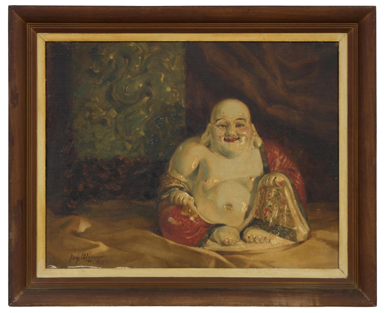 Jay Weaver (American, d. 1960), "Still Life with Porcelain Buddha," 1932-1934, H.- 18 1/2 in., W.-: Jay Weaver (American, d. 1960), "Still Life with Porcelain Buddha," 1932-1934, oil on canvas, signed lower right and dated, presented in a wood frame, H.- 18 1/2 in., W.- 24 1/2 in., Framed- H.- 29 1/