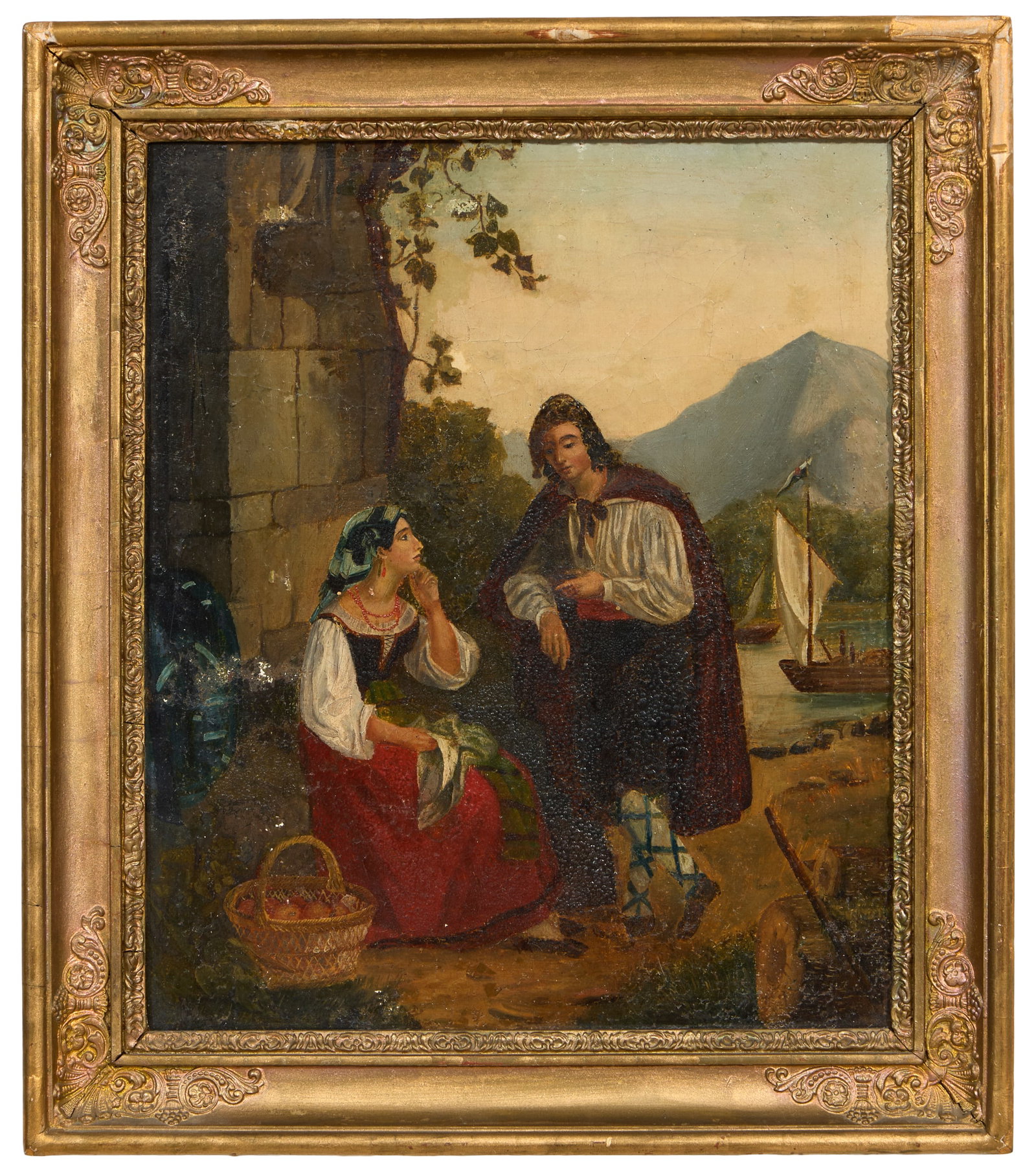 Continental School (19th Century), "Italianate Courtship amid Ruins and Mountains," H.- 12 5/8 in.,: Continental School (19th Century), "Italianate Courtship amid Ruins and Mountains," oil on canvas, unsigned, presented in a giltwood frame, H.- 12 5/8 in., W.- 10 5/8 in., Framed- H.- 15 3/8 in., W.- 