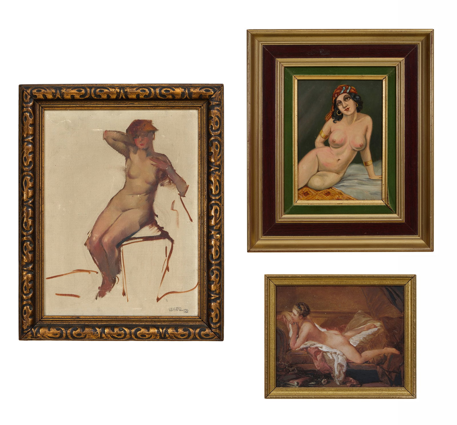 Continental School (20th Century), Three Paintings of Female Nudes, Largest- H.- 16 in., W.- 12 in.,: Continental School (20th Century), Three Paintings of Female Nudes, consisting of a "Study," oil on canvas, signed "Kaiser" and dated "25" lower right; a "Gypsy," oil on masonite, unsigned; and "Recli