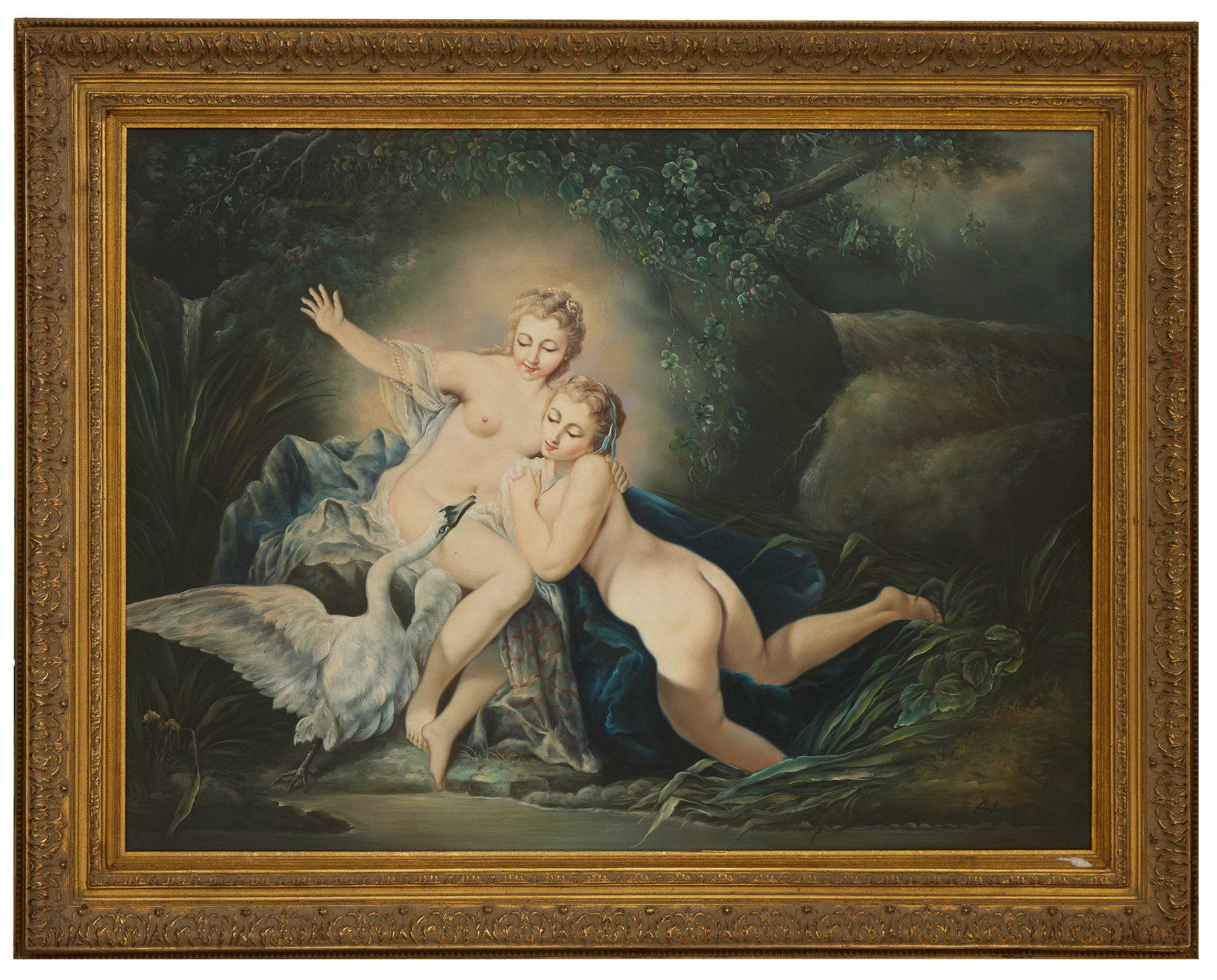 After Francois Boucher (French, 1703- 1770), "Leda and the Swan (1741-1742)," H.- 30 in., W.- 40: After Francois Boucher (French, 1703- 1770), "Leda and the Swan (1741-1742)," oil on canvas, signed "Alanis" lower right, presented in a giltwood frame, H.- 30 in., W.- 40 in., Framed- H.- 38 1/2 in.,