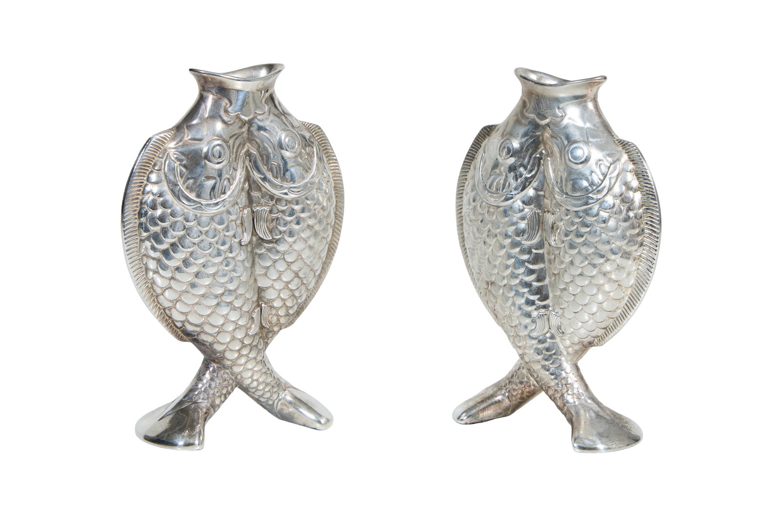 Pair of Christofle Silverplate "Pisces" Vases, Paris, Each- H.- 5 3/4 in., W.- 4 in.; Box- H.- 2 1/4: Pair of Christofle Silverplate "Pisces" Vases, Paris, patinated solid cast silver-plated metal, each in the form of two symmetrically entwined or confronting Japanese carps sharing a unified form, pre