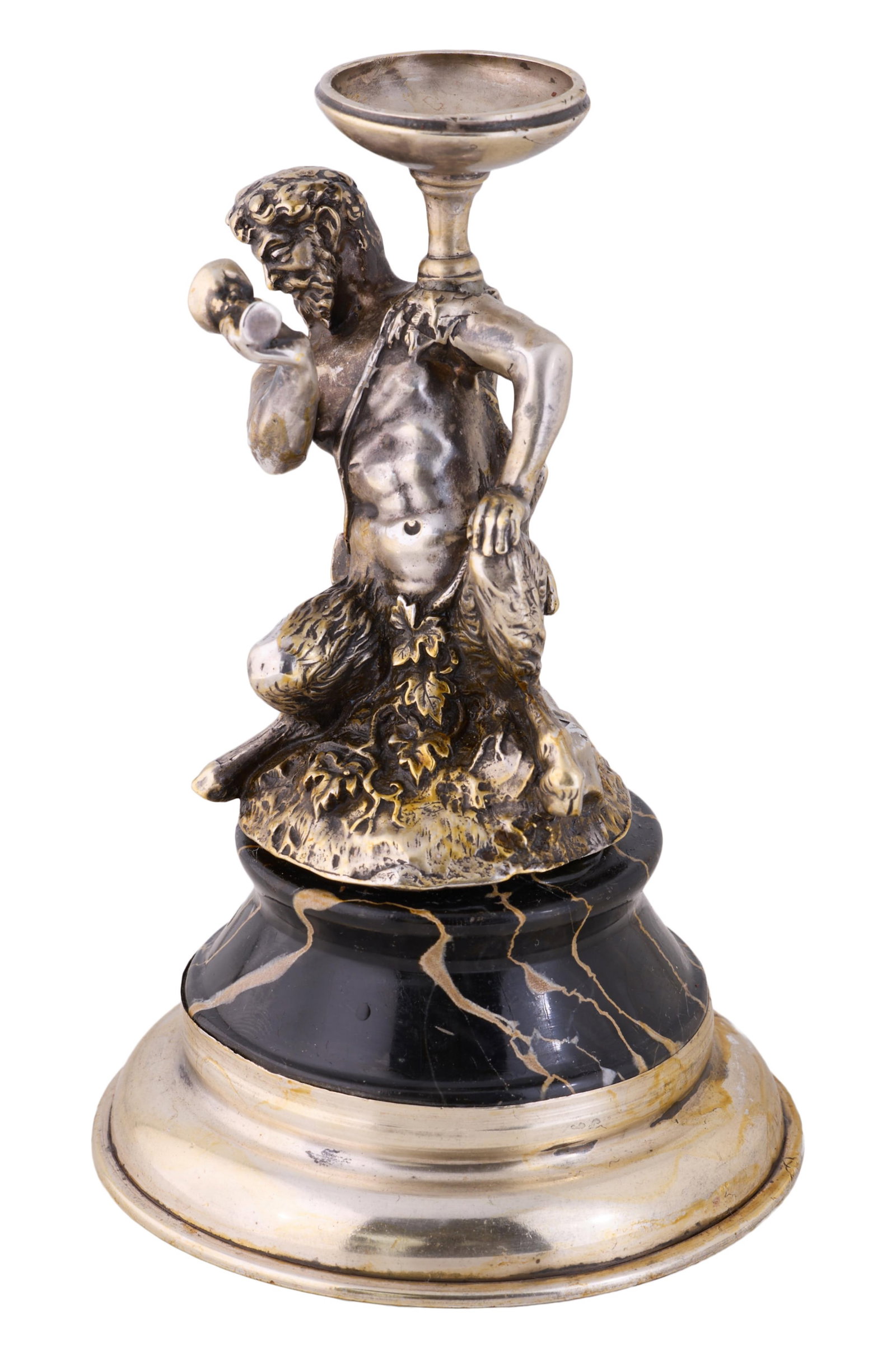 Diminutive Bacchus Gilt Sterling Statue, 20th c., H.- 5 1/4 in., Dia.- 3 3/8 in.: Diminutive Bacchus Gilt Sterling Statue, 20th c., on a figured marble and sterling base, with marks on back, H.- 5 1/4 in., Dia.- 3 3/8 in.