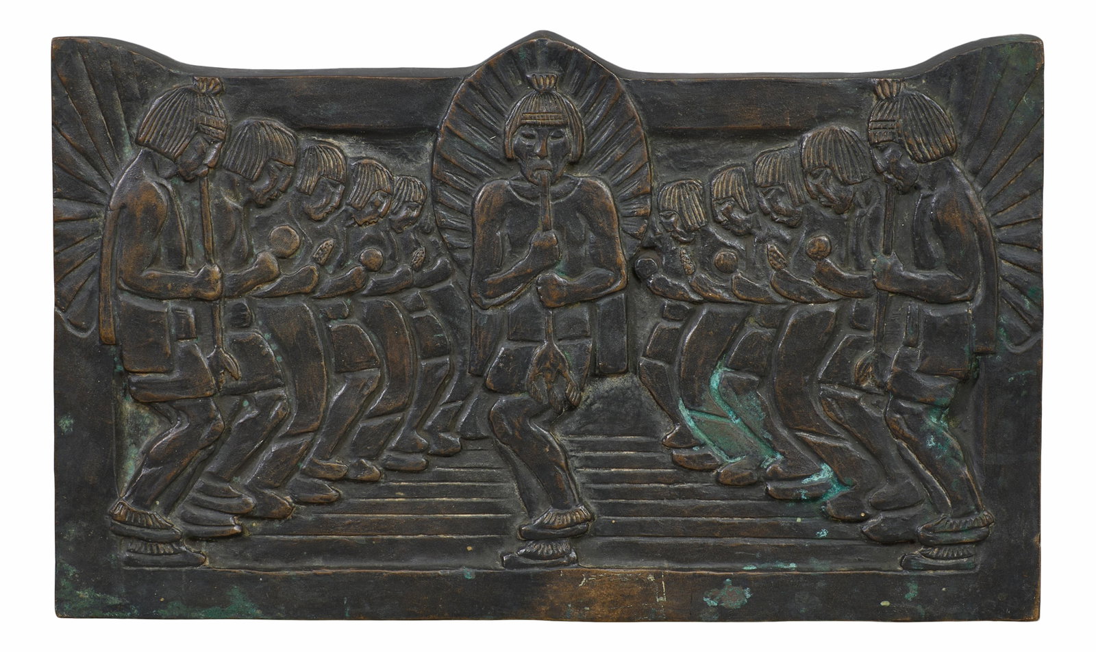 Bronze Relief Plaque, 1919, H.- 8 1/2 in., W.- 14 1/4 in., D.- 1 1/16 in.: Bronze Relief Plaque, 1919, of a ritualistic dancing ceremony, signed "George" and dated on right side, H.- 8 1/2 in., W.- 14 1/4 in., D.- 1 1/16 in.