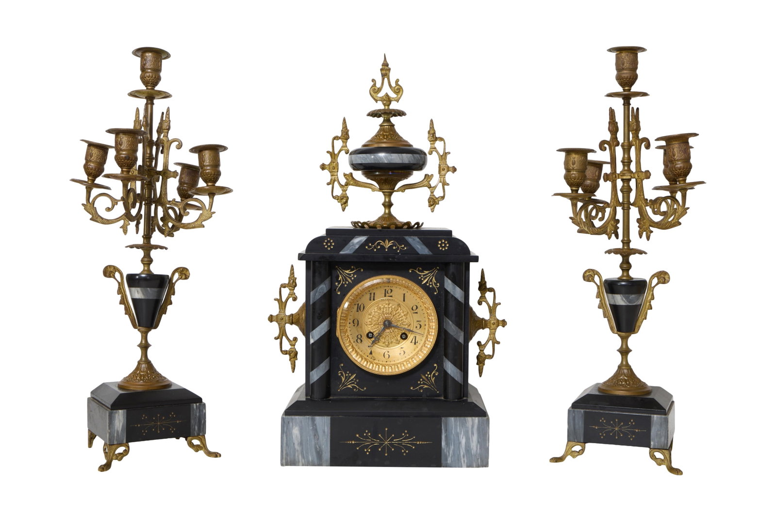 French Napoleon III Marble Mantel Garniture Set, late 19th c., Clock- H.- 17 1/2 in., W.- 10 1/2 (1 of 5)