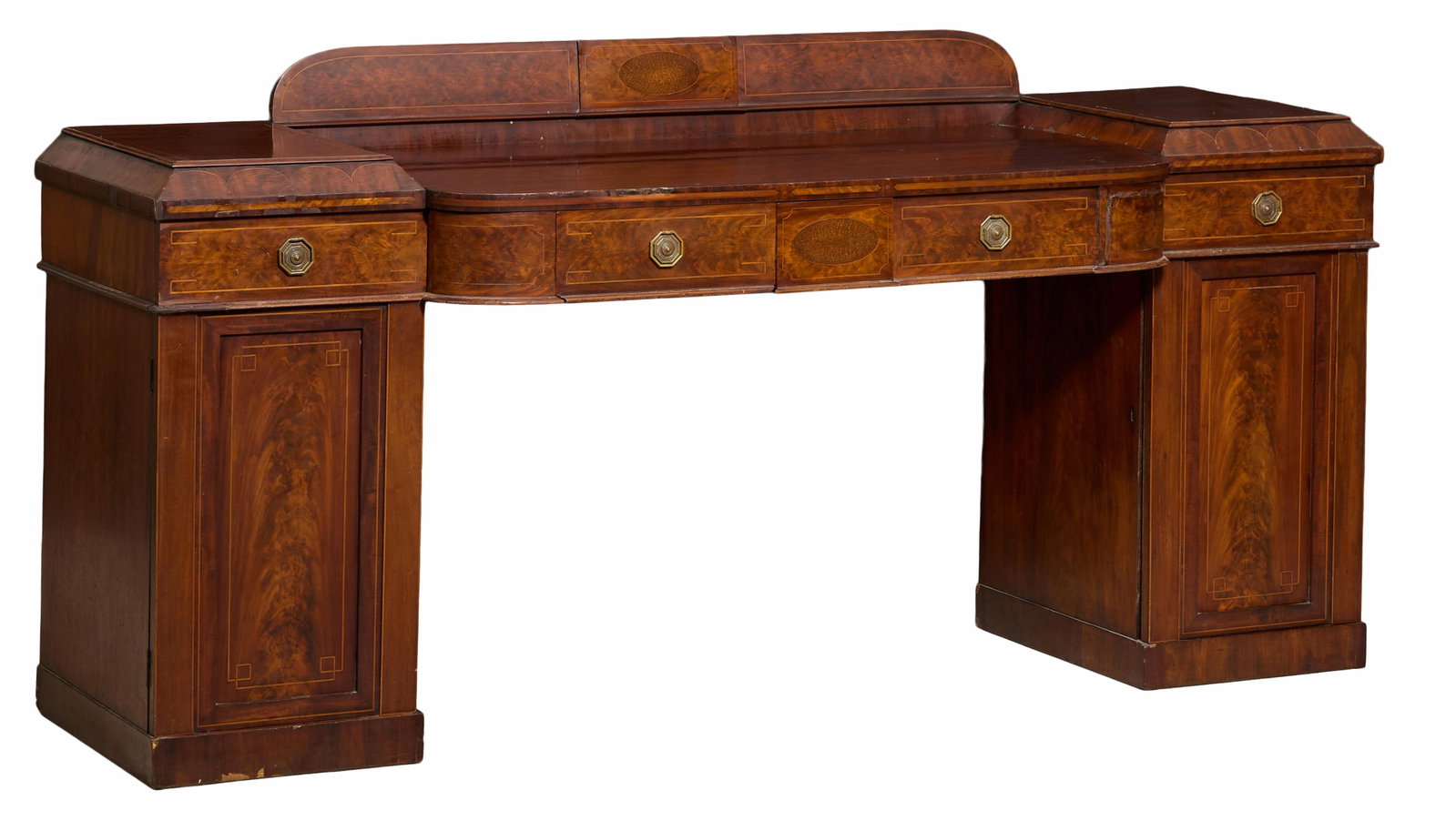 English Regency String Inlaid Mahogany Pedestal Sideboard, early 19th c., H.- 45 1/4 in., W.- 91 1/2 (1 of 1)